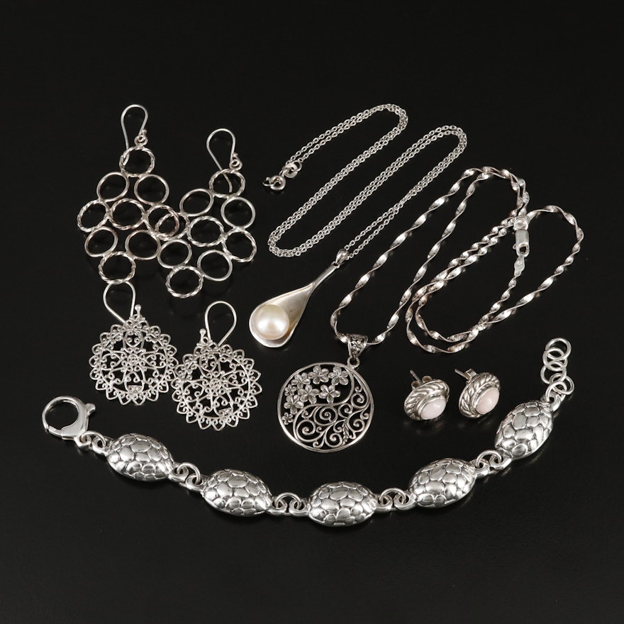 Sterling Earrings, Necklaces and Bracelet Including Pearls and Common Opal