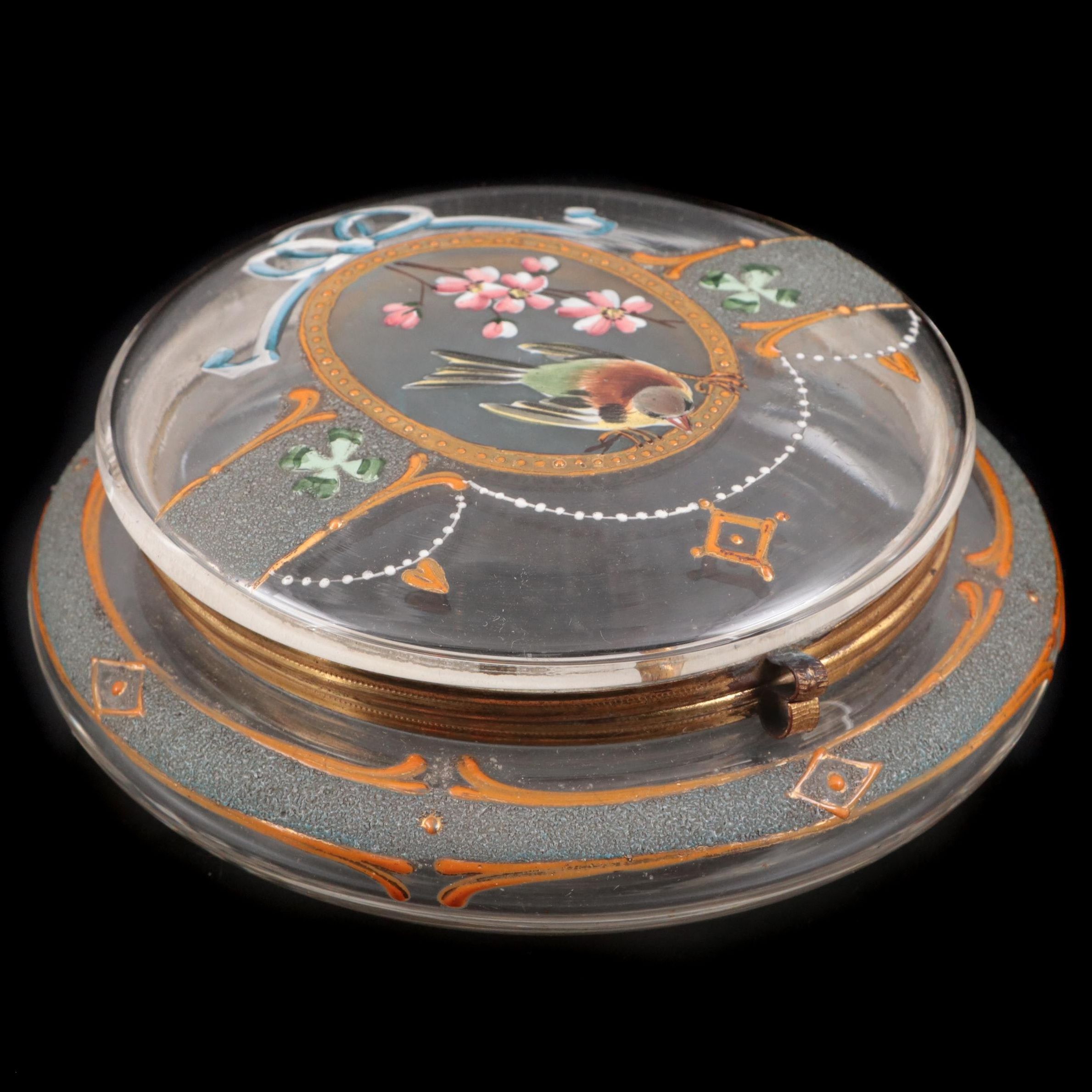 European Hand-Painted Enamel Glass Dresser Jar, Late 19th Century