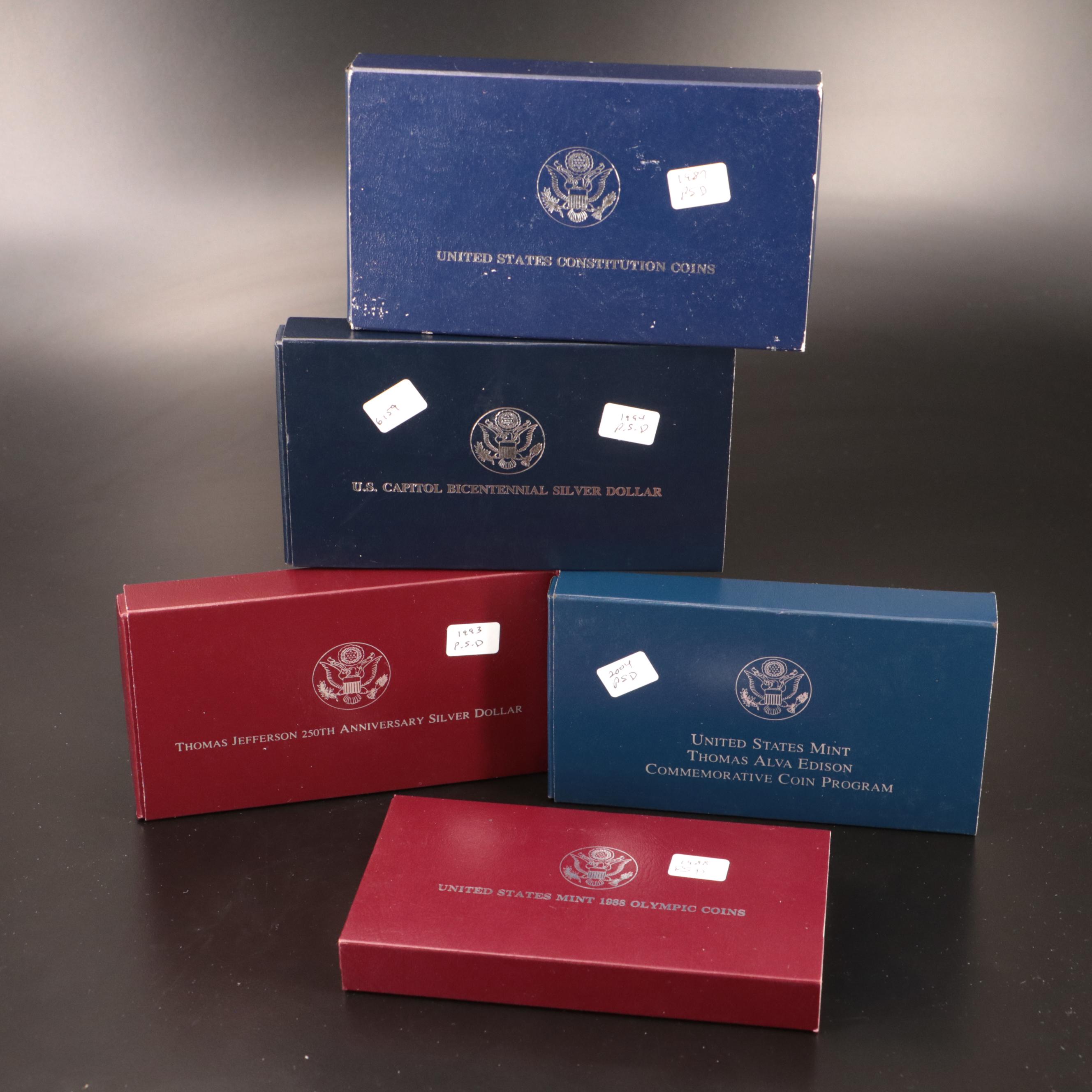 Five Different Modern Commemorative Proof Silver Dollars