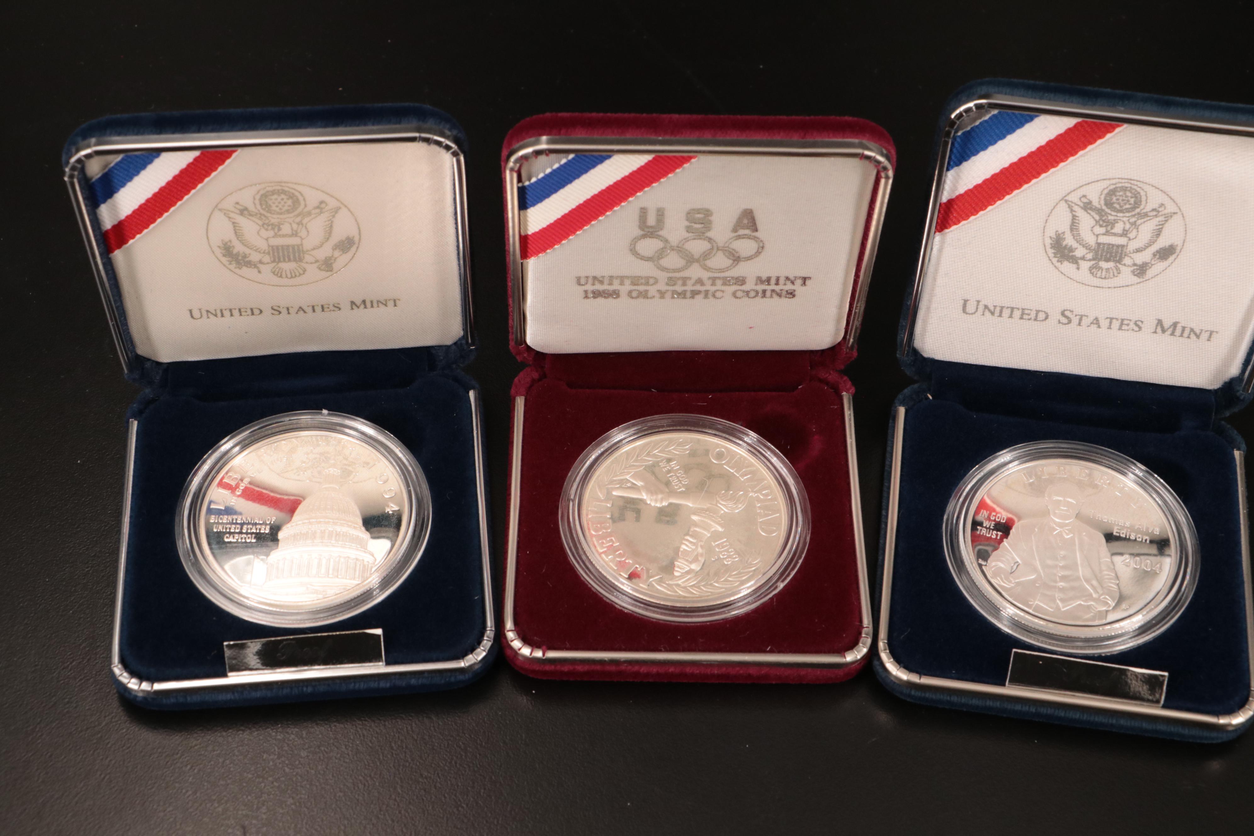 Five Different Modern Commemorative Proof Silver Dollars