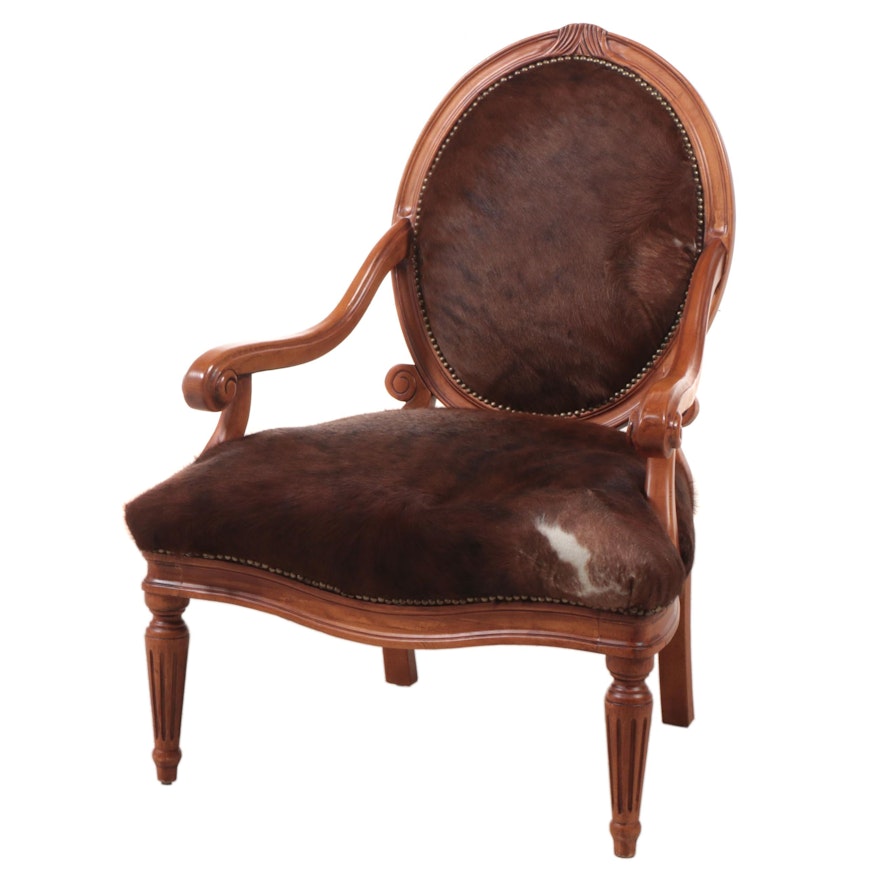 Louis XVI Style Carved Fruitwood and Cowhide Fauteuil, Mid-Late 20th Century