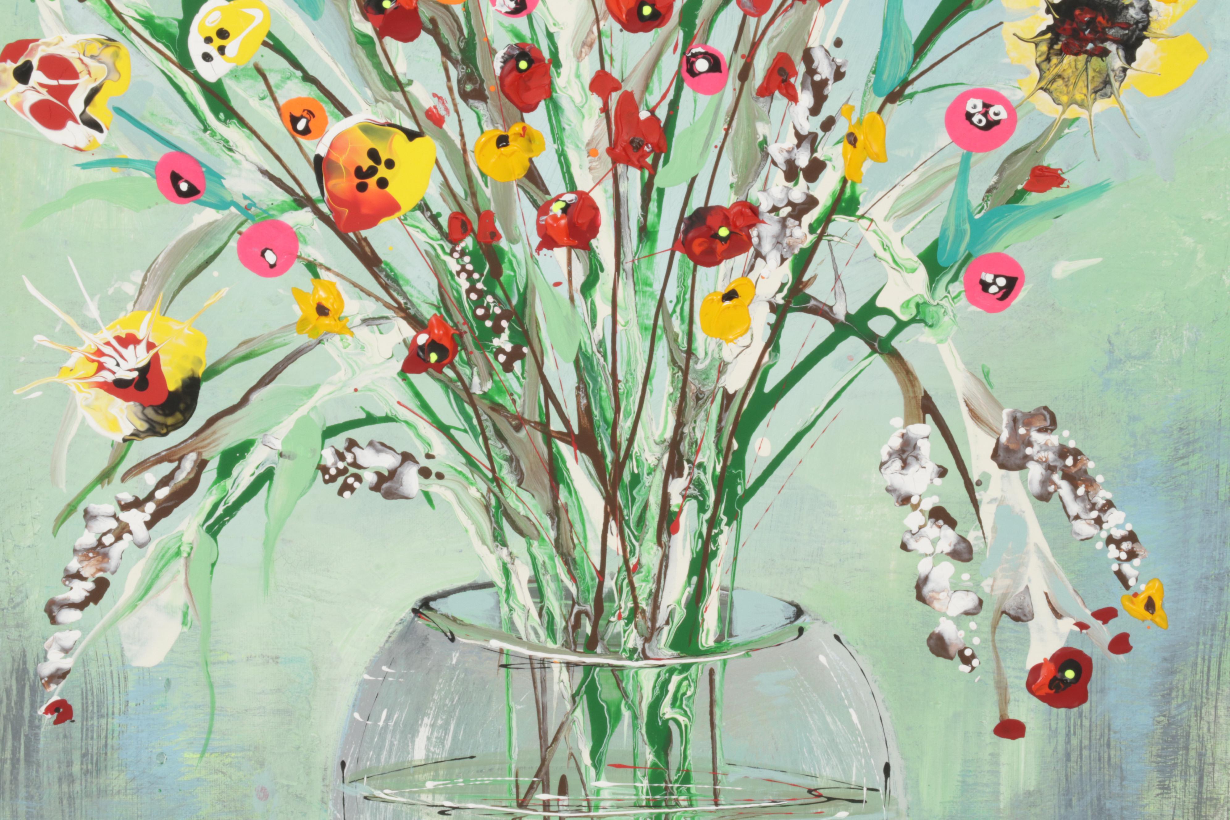 Farshad Lanjani Acrylic Painting of Flowers in Glass Bowl, 21st Century