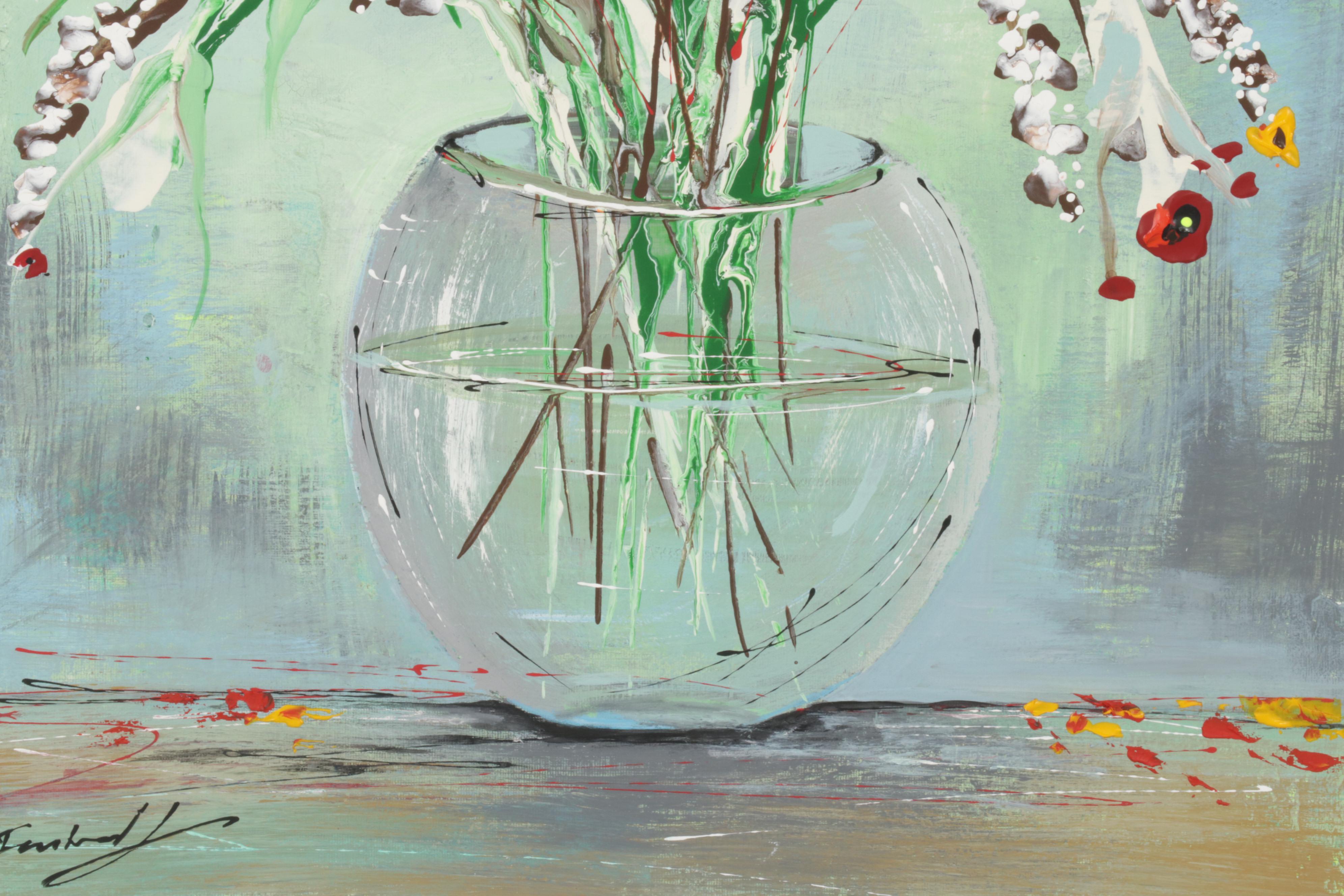Farshad Lanjani Acrylic Painting of Flowers in Glass Bowl, 21st Century
