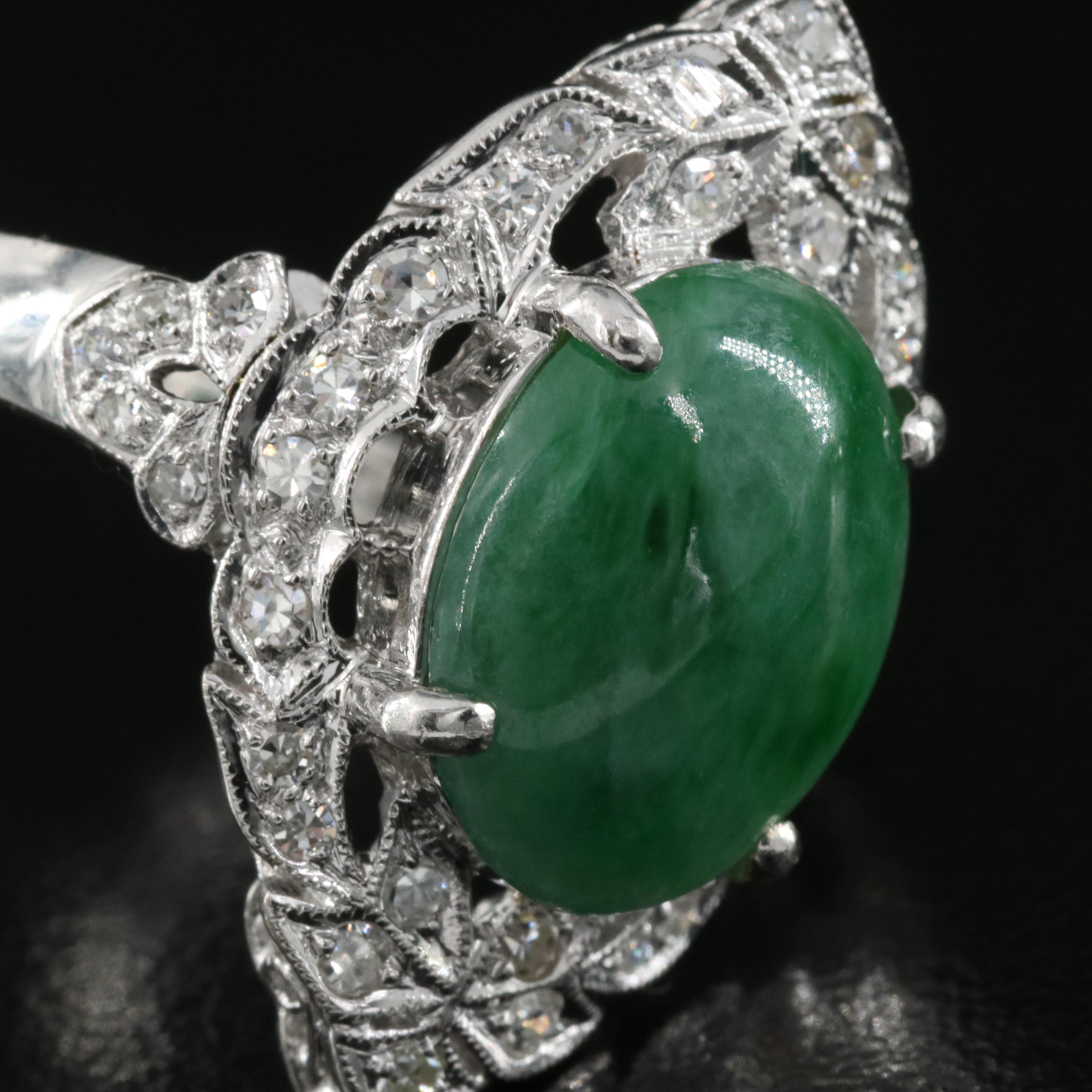 18K Jadeite and Diamond Navette Ring