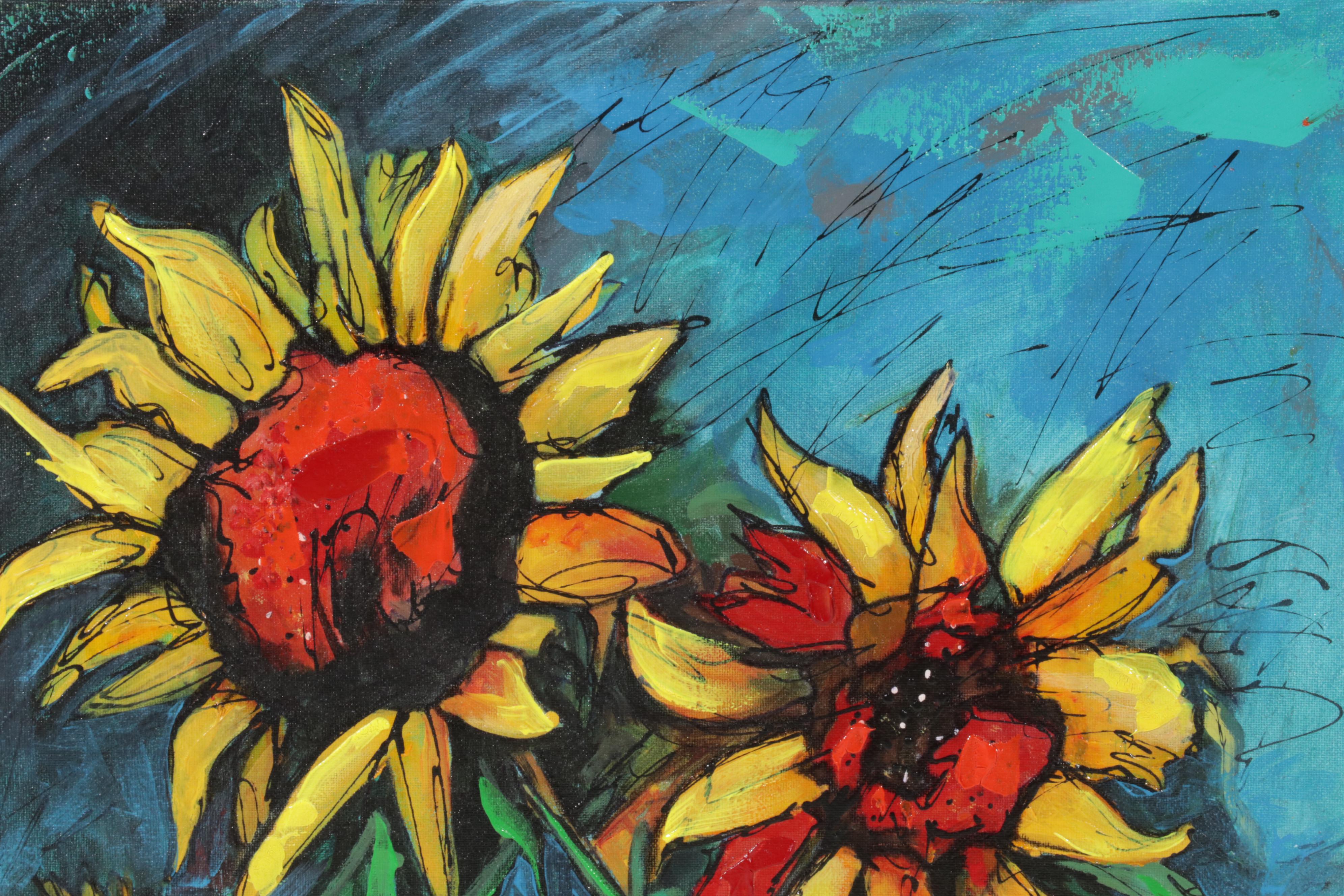 Farshad Lanjani Still Life Acrylic Painting of Sunflowers, 21st Century