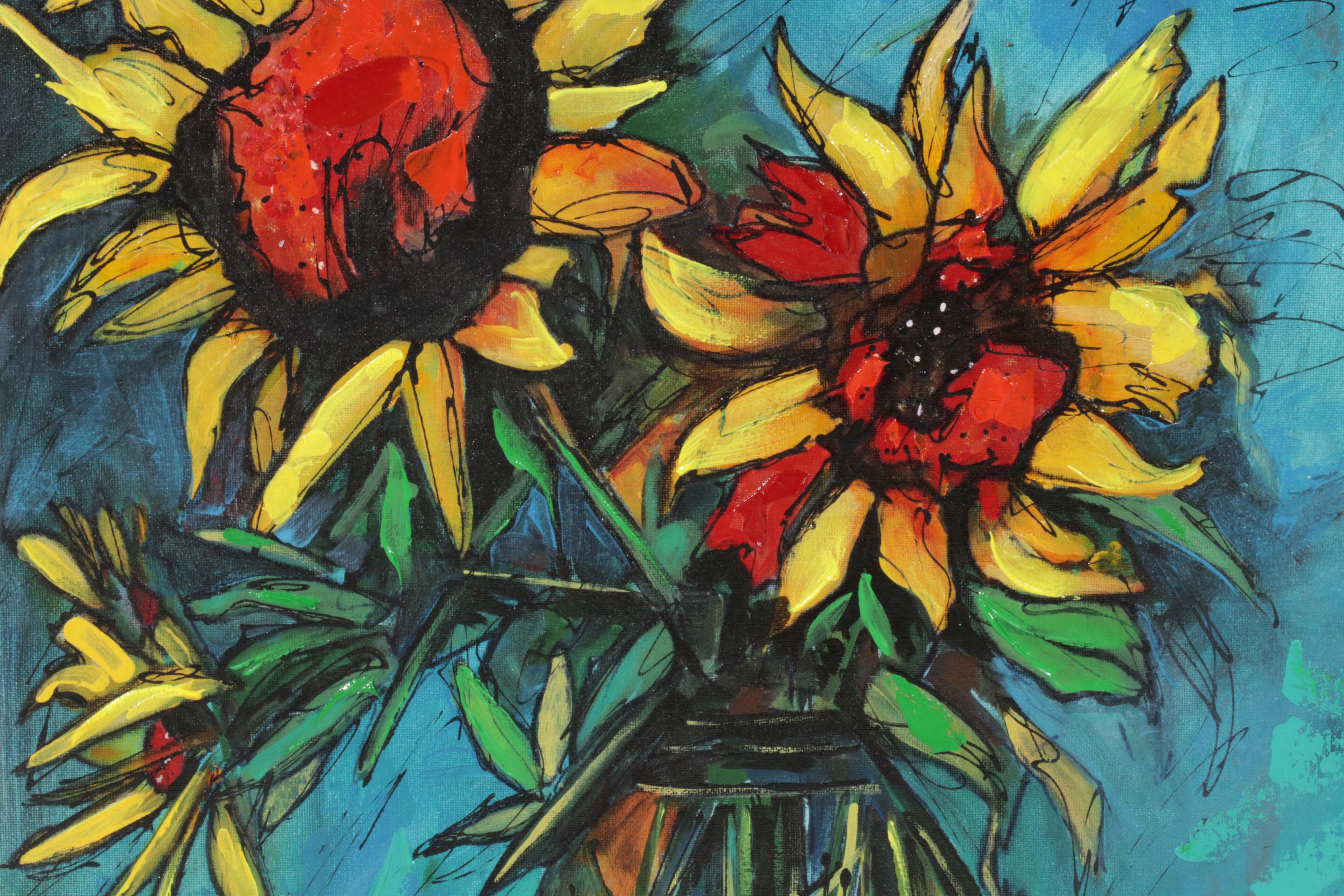 Farshad Lanjani Still Life Acrylic Painting of Sunflowers, 21st Century