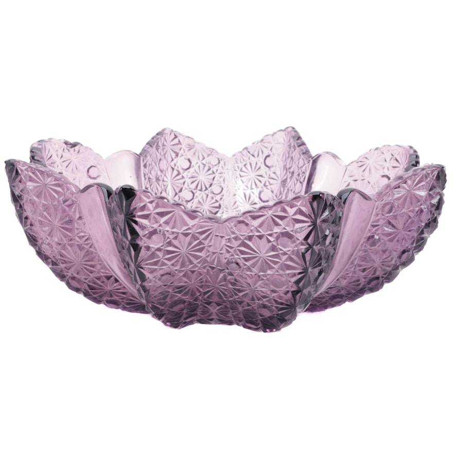 Pressed Amethyst Glass Daisy and Button Eight Panel Star Shaped Bowl, 20th C.