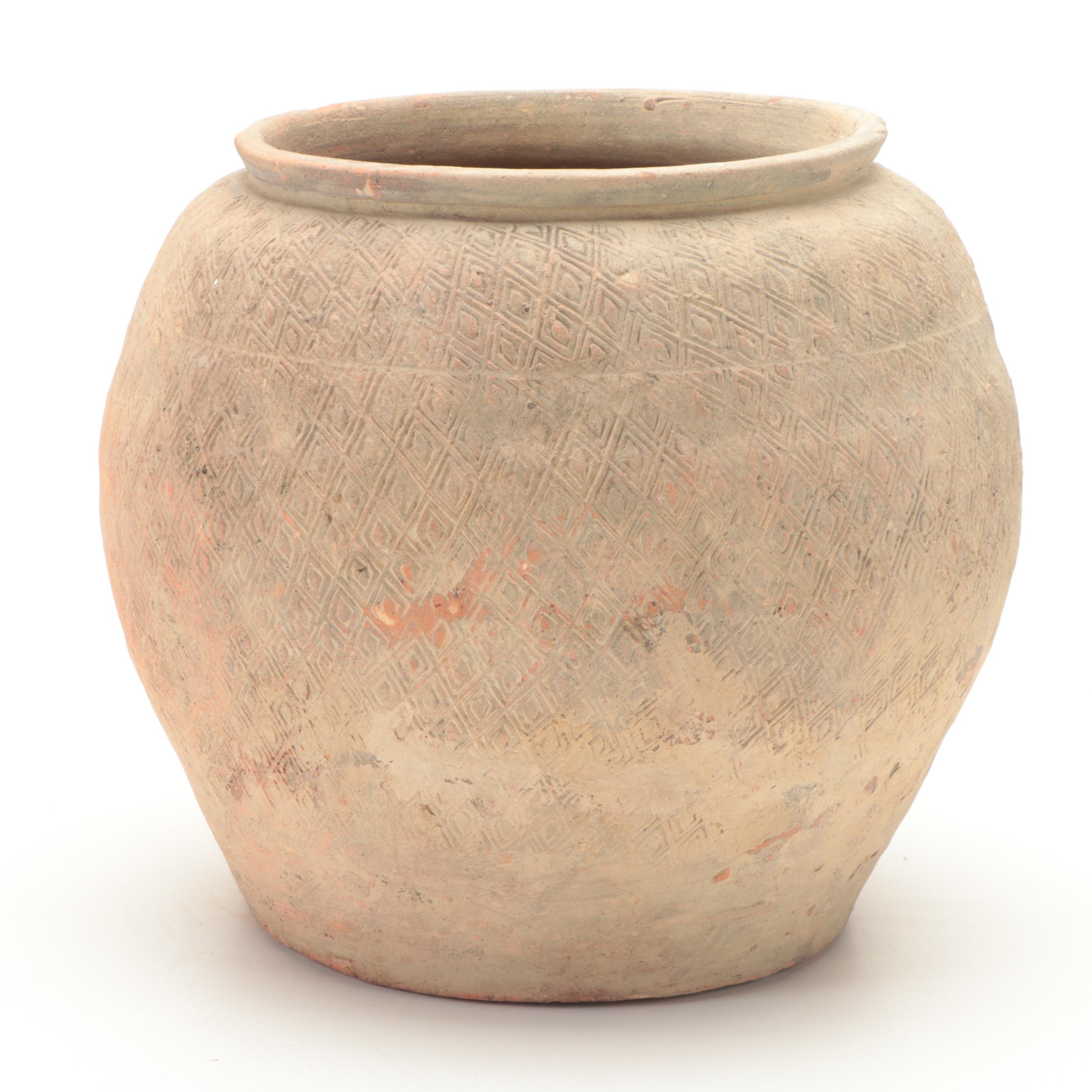 Excavated North Vietnamese Incised Diamond Motif Earthenware Jar, Probably Han