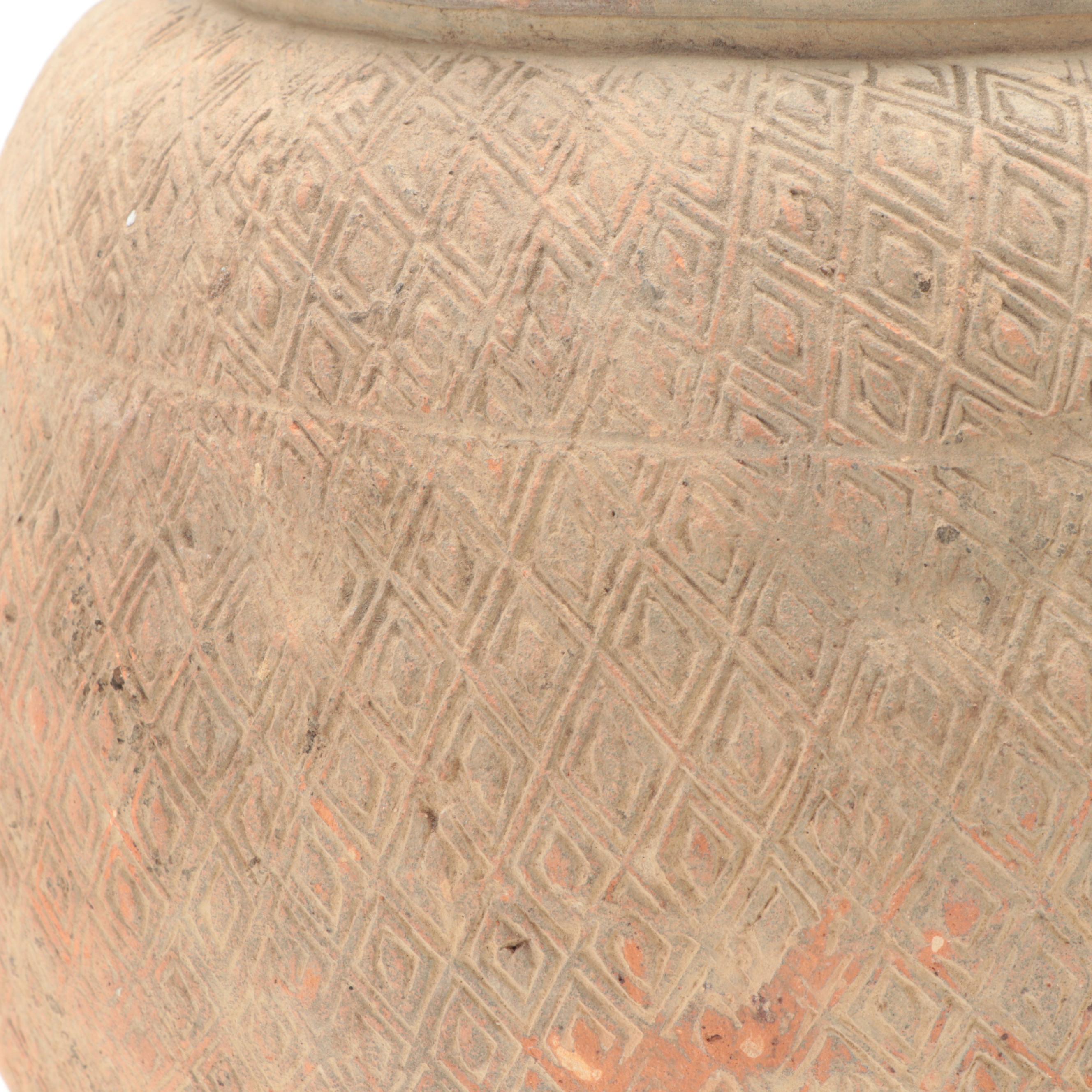 Excavated North Vietnamese Incised Diamond Motif Earthenware Jar, Probably Han