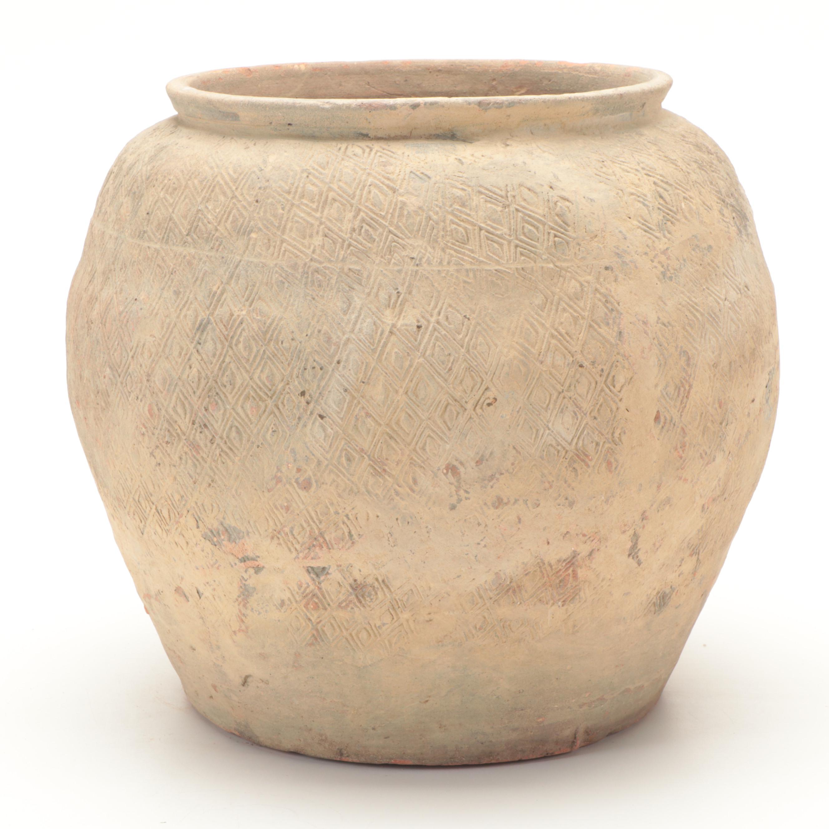 Excavated North Vietnamese Incised Diamond Motif Earthenware Jar, Probably Han