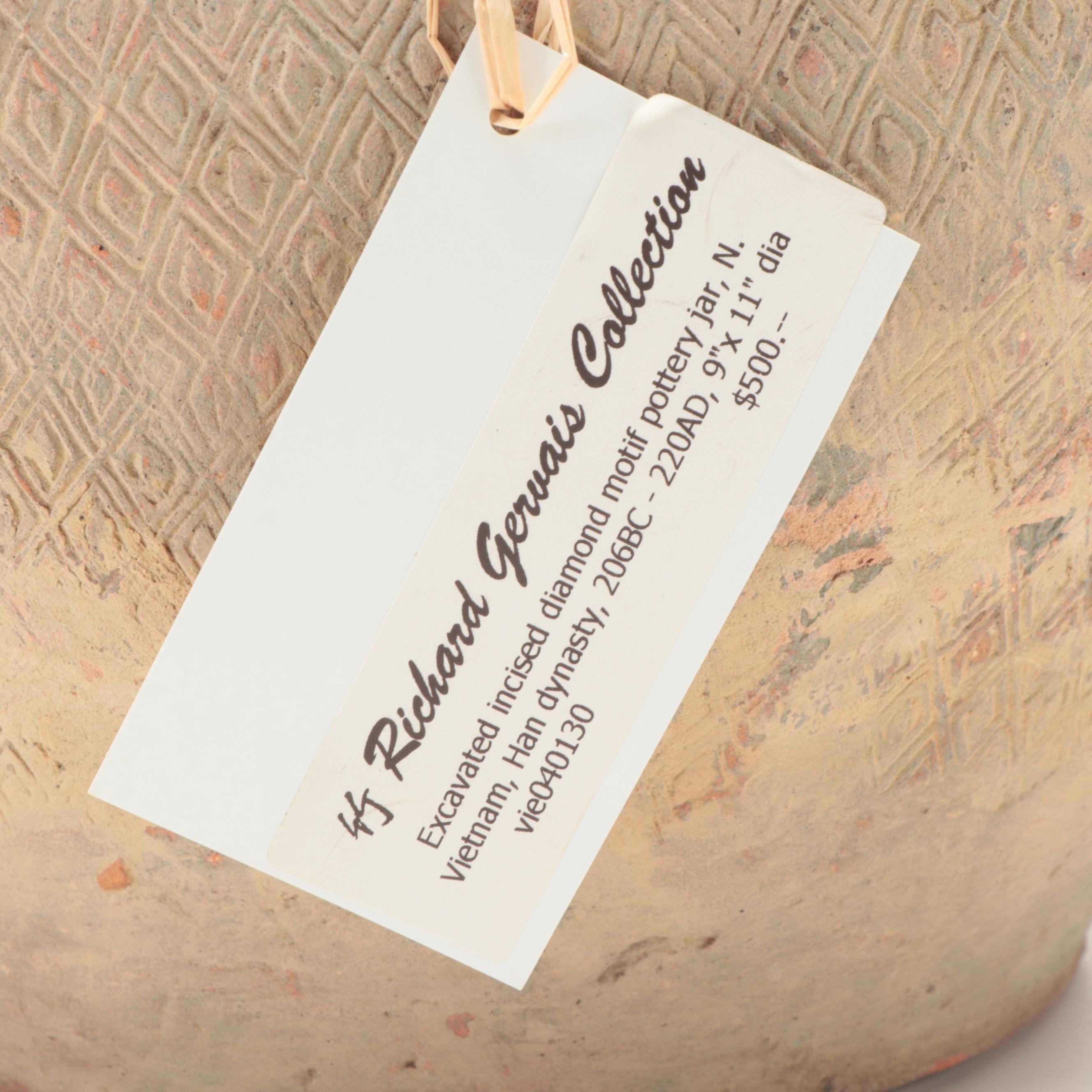 Excavated North Vietnamese Incised Diamond Motif Earthenware Jar, Probably Han