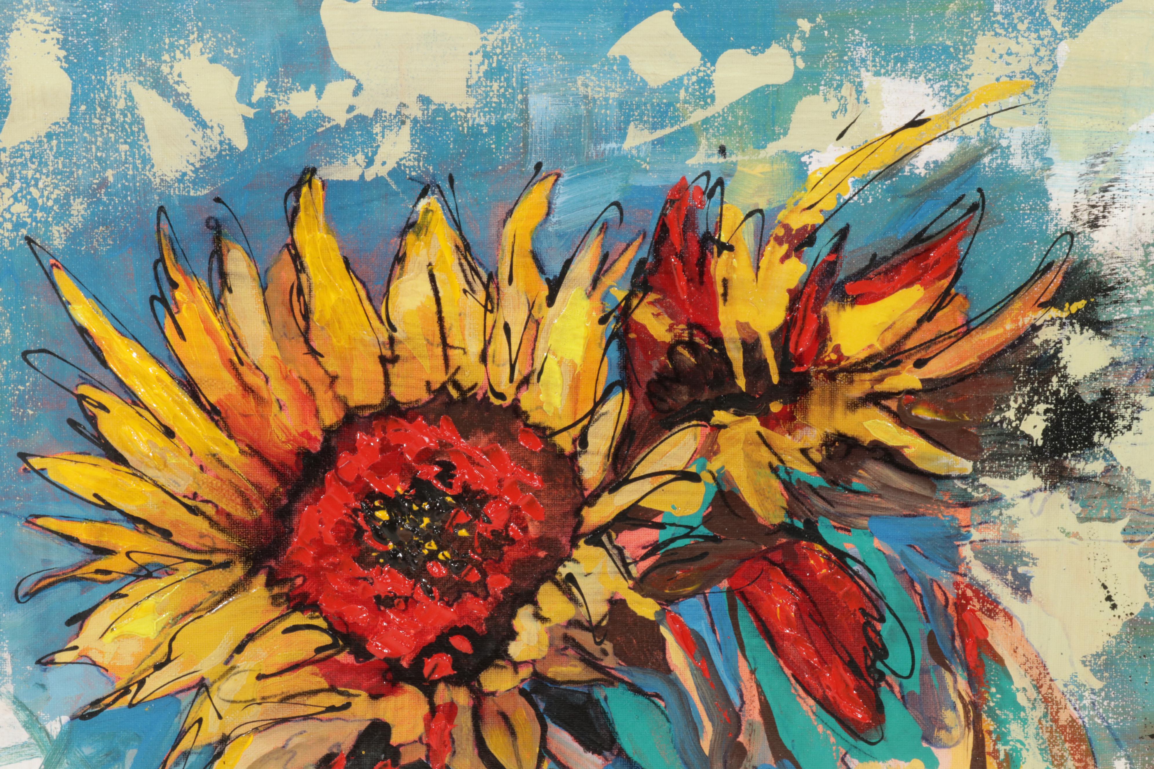 Farshad Lanjani Sunflowers Still Life Acrylic Painting, 21st Century