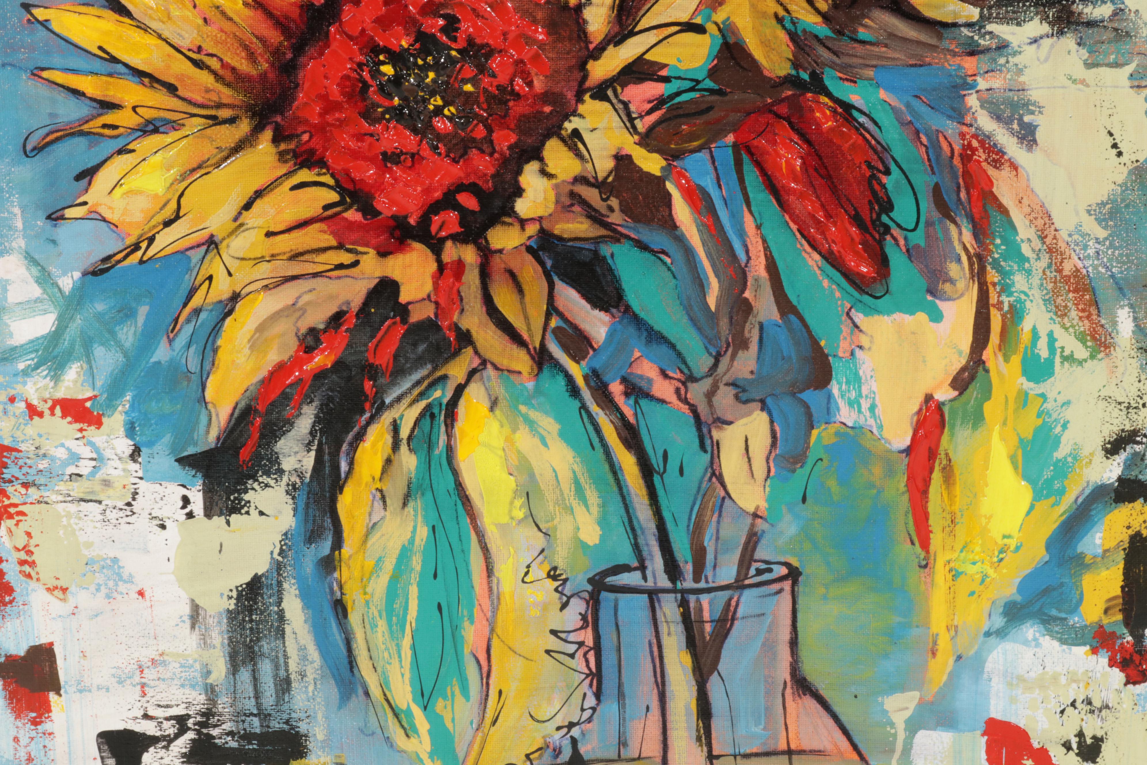 Farshad Lanjani Sunflowers Still Life Acrylic Painting, 21st Century