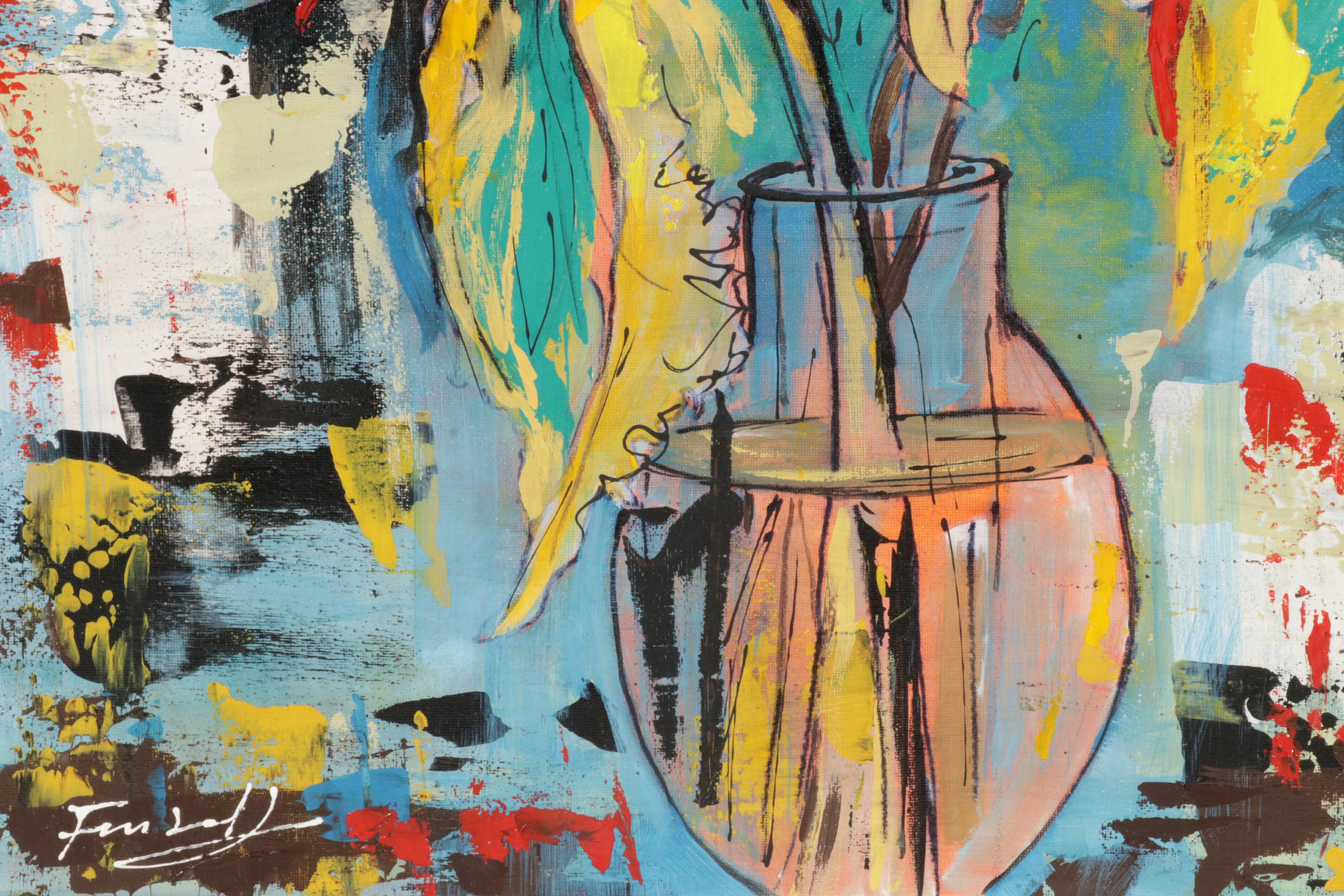 Farshad Lanjani Sunflowers Still Life Acrylic Painting, 21st Century