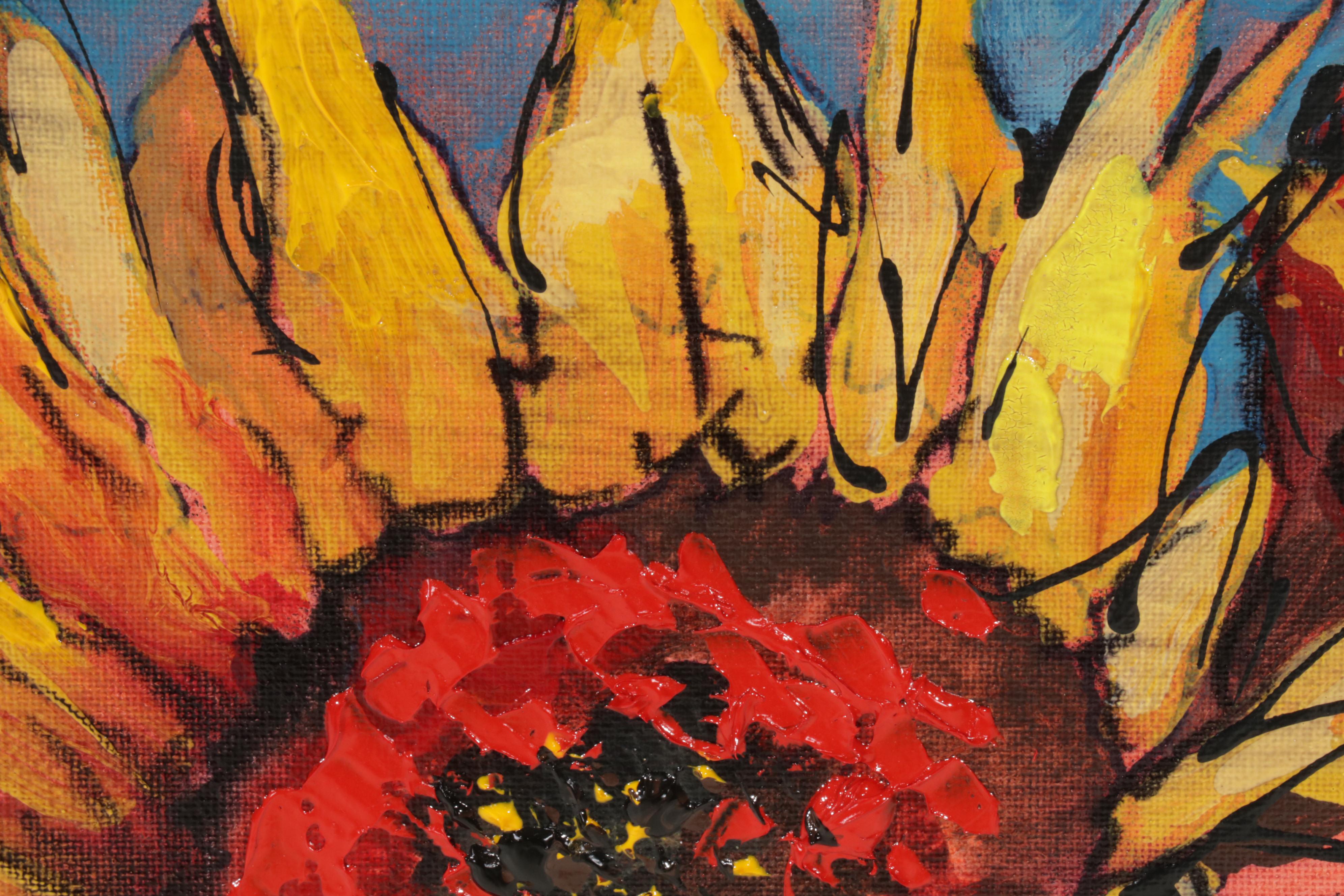 Farshad Lanjani Sunflowers Still Life Acrylic Painting, 21st Century