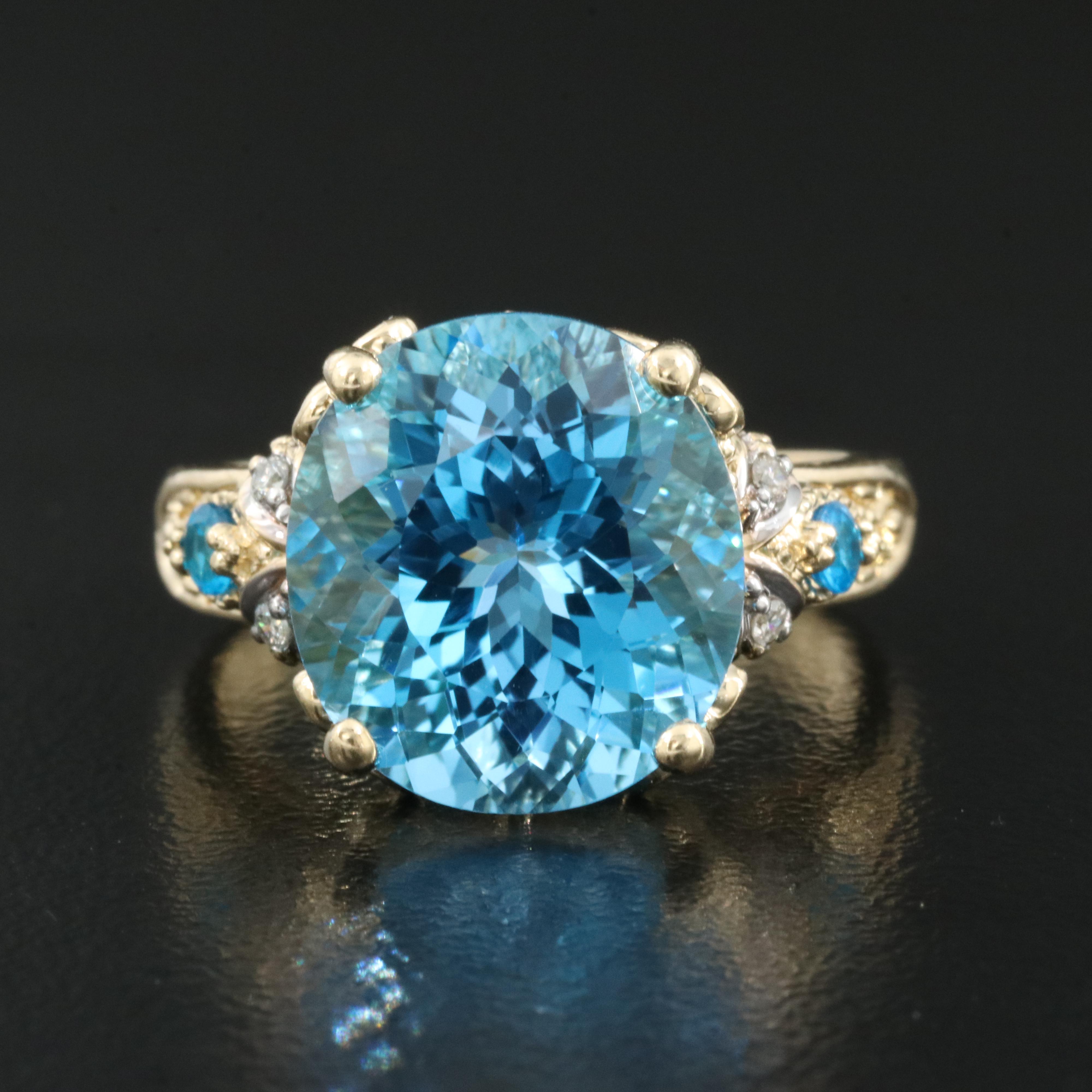 14K Swiss Blue Topaz, Apatite and Diamond Ring