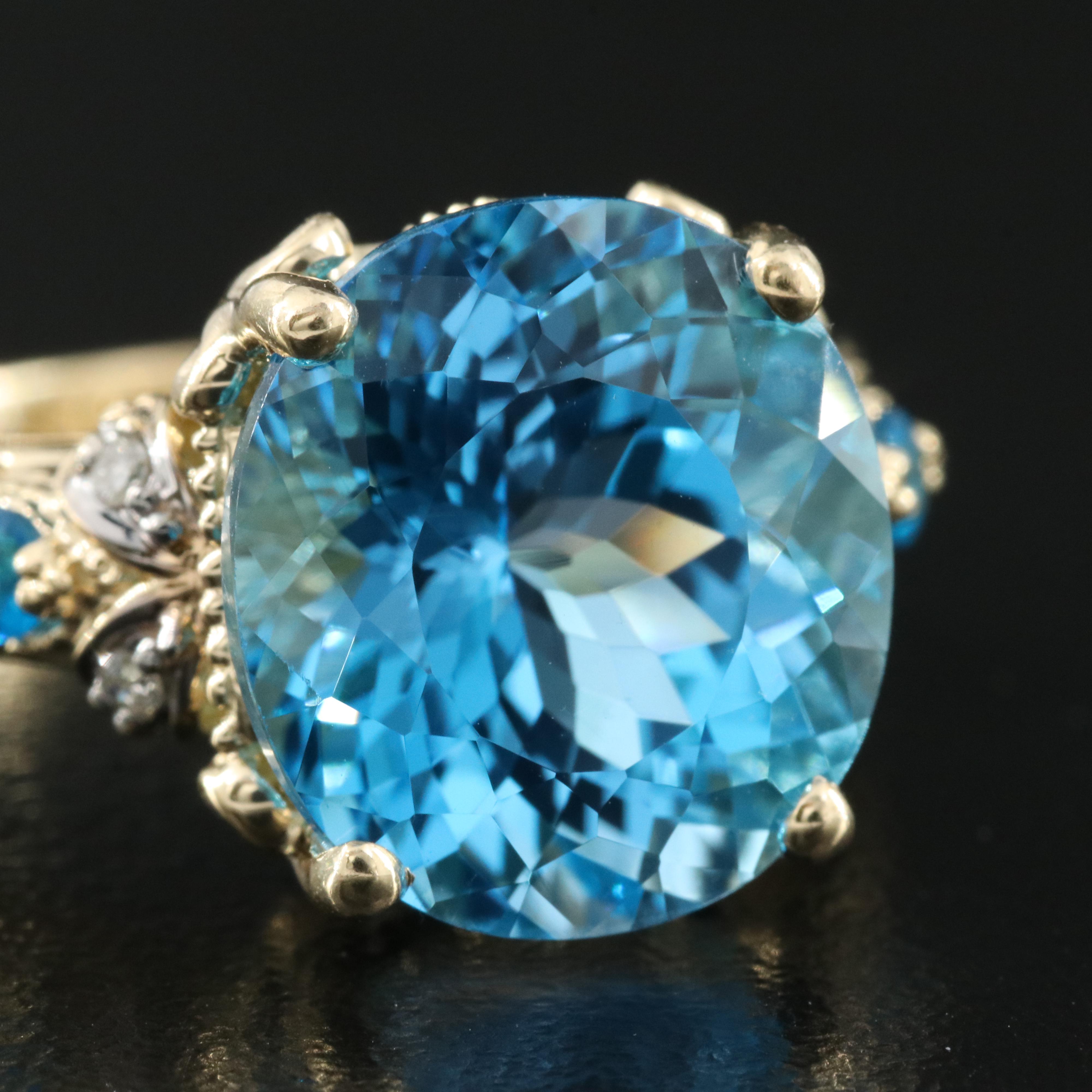 14K Swiss Blue Topaz, Apatite and Diamond Ring