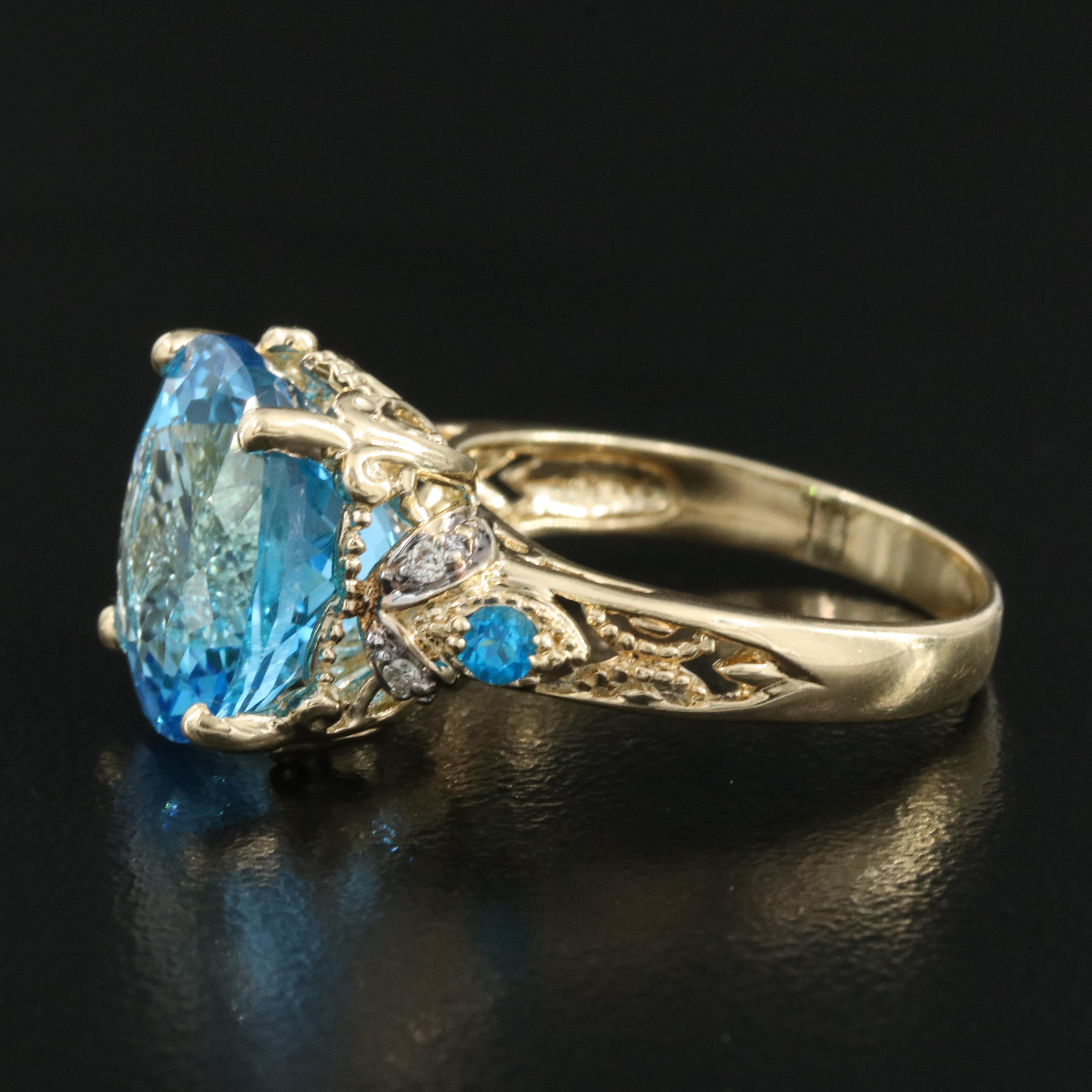 14K Swiss Blue Topaz, Apatite and Diamond Ring