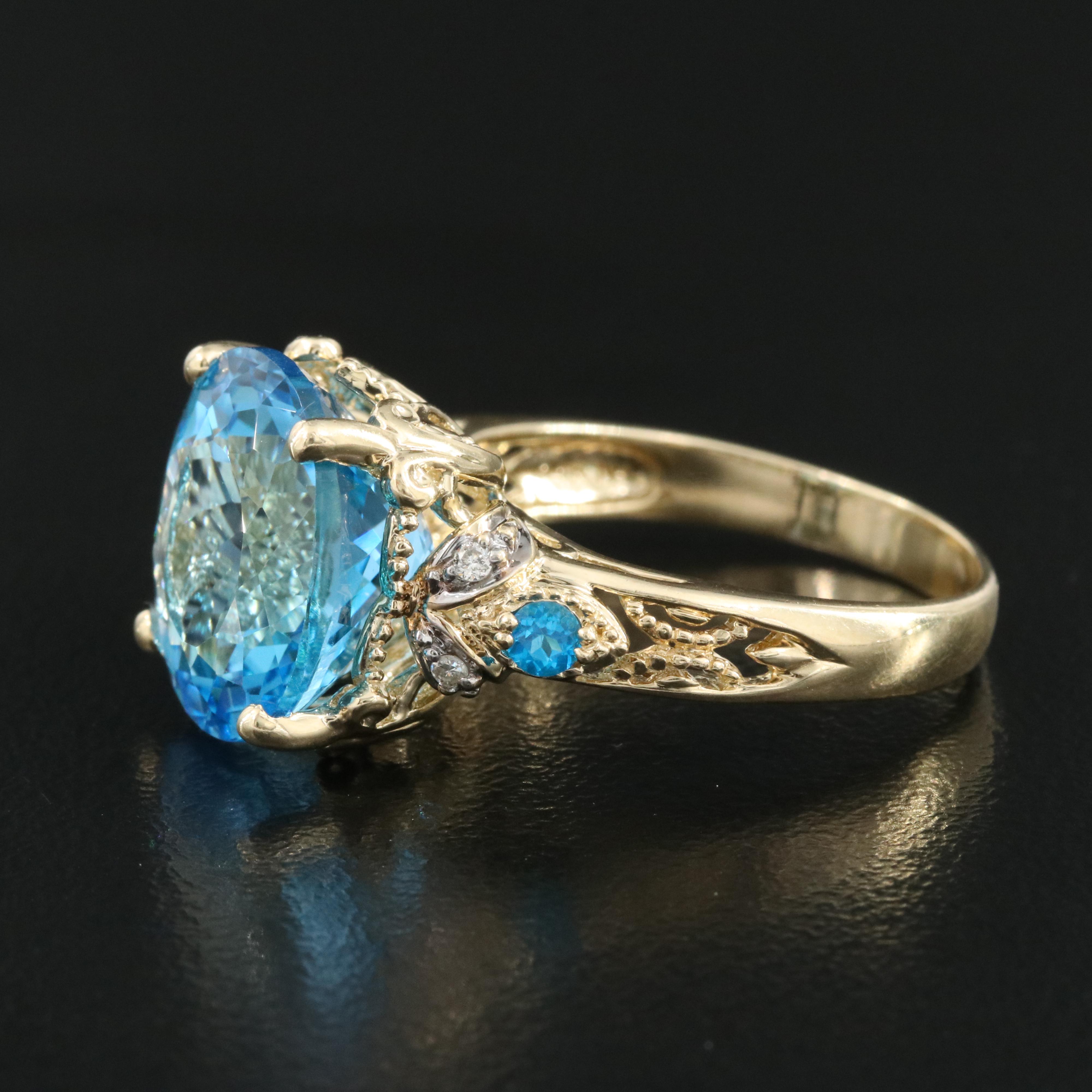 14K Swiss Blue Topaz, Apatite and Diamond Ring