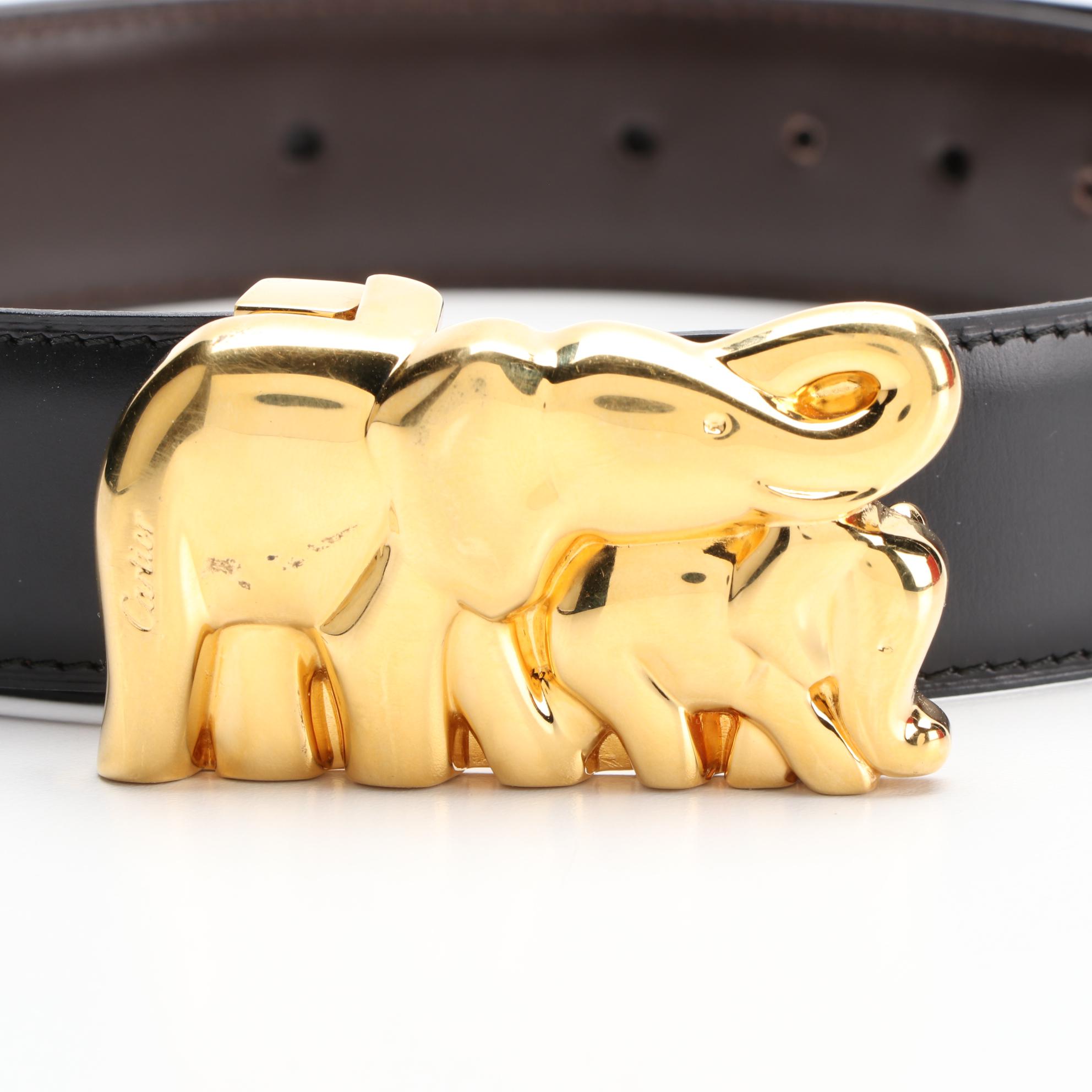 Cartier Reversible Elephant Belt in Black and Brown Smooth Leather with Box