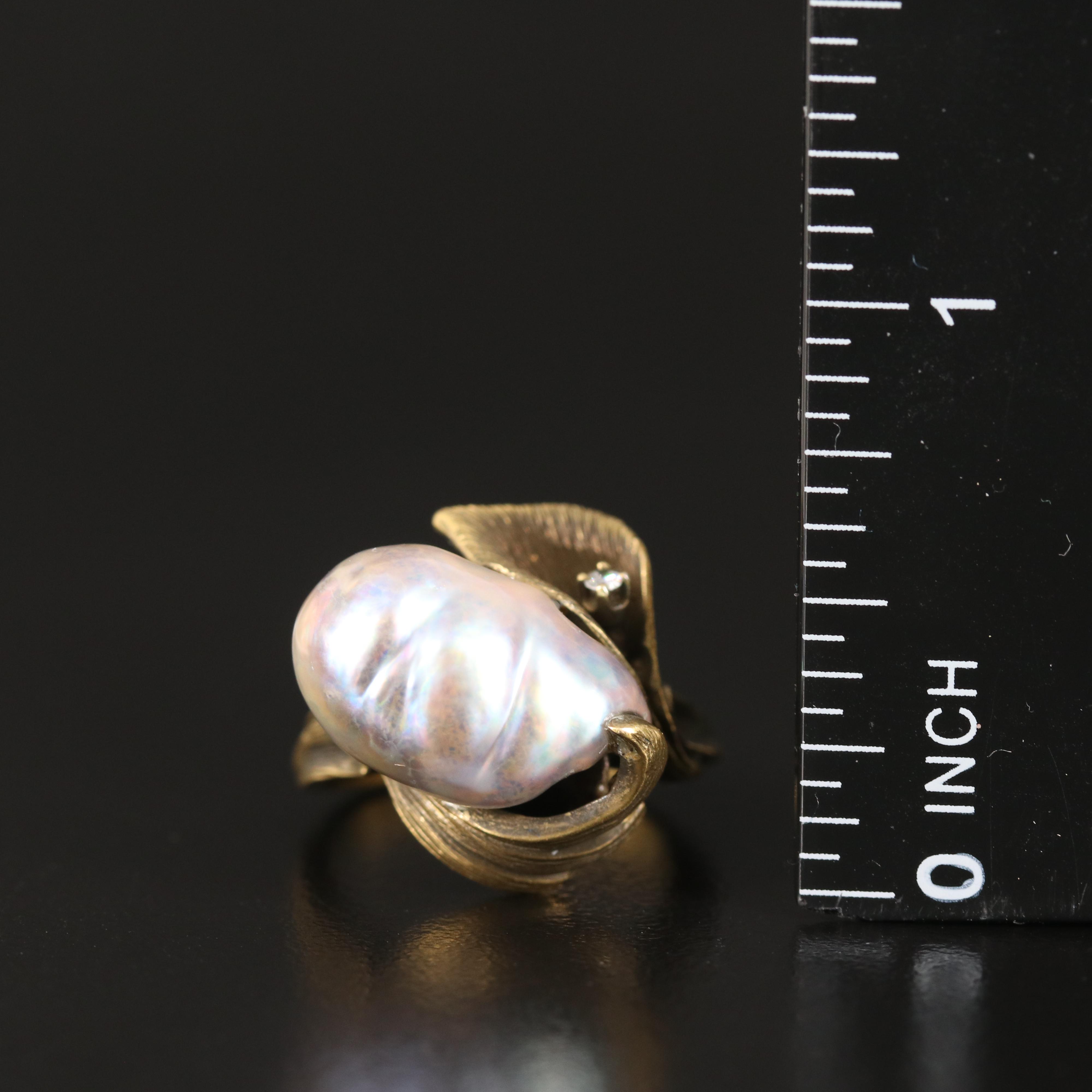 14K Pearl and Diamond Ring with Patinated Finish