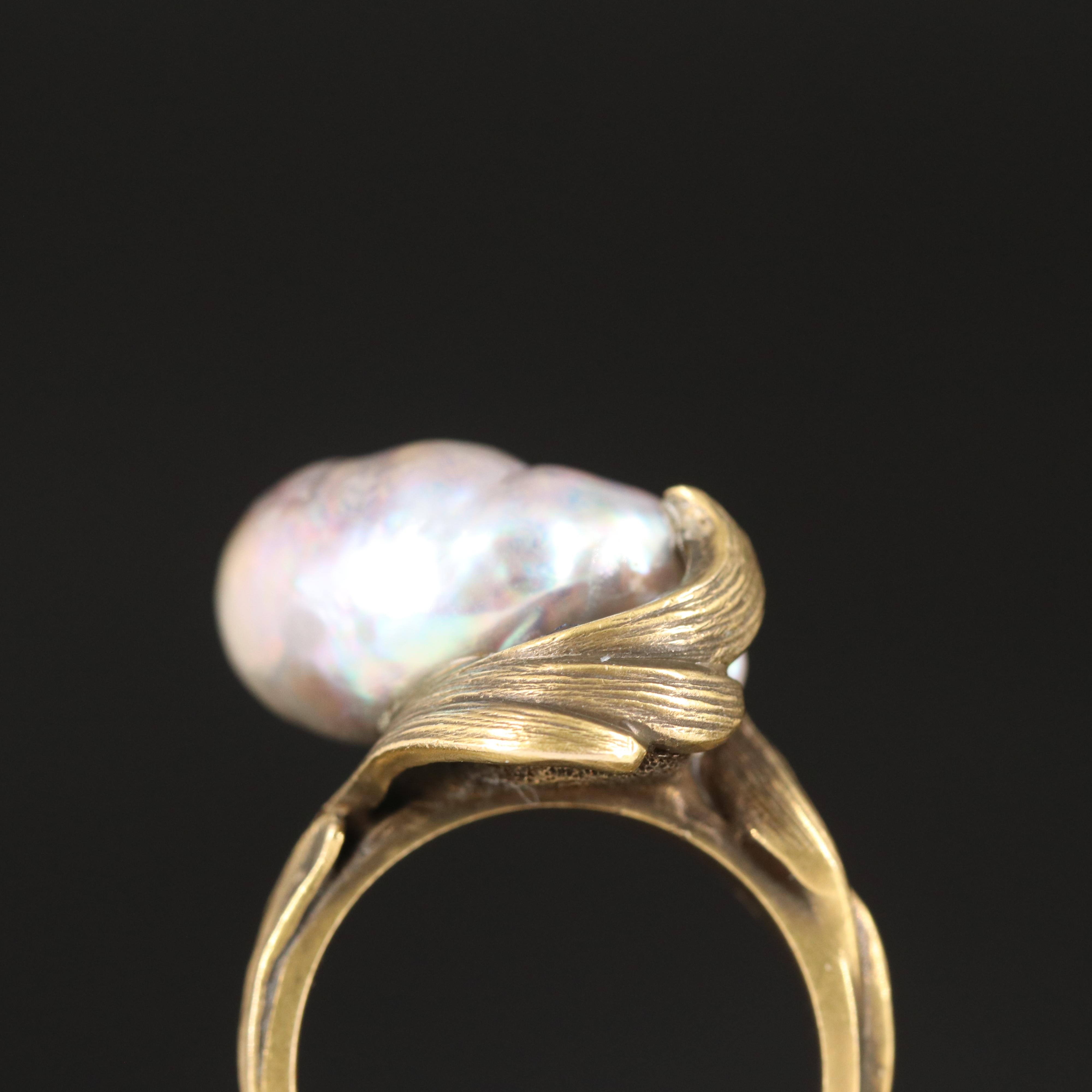 14K Pearl and Diamond Ring with Patinated Finish