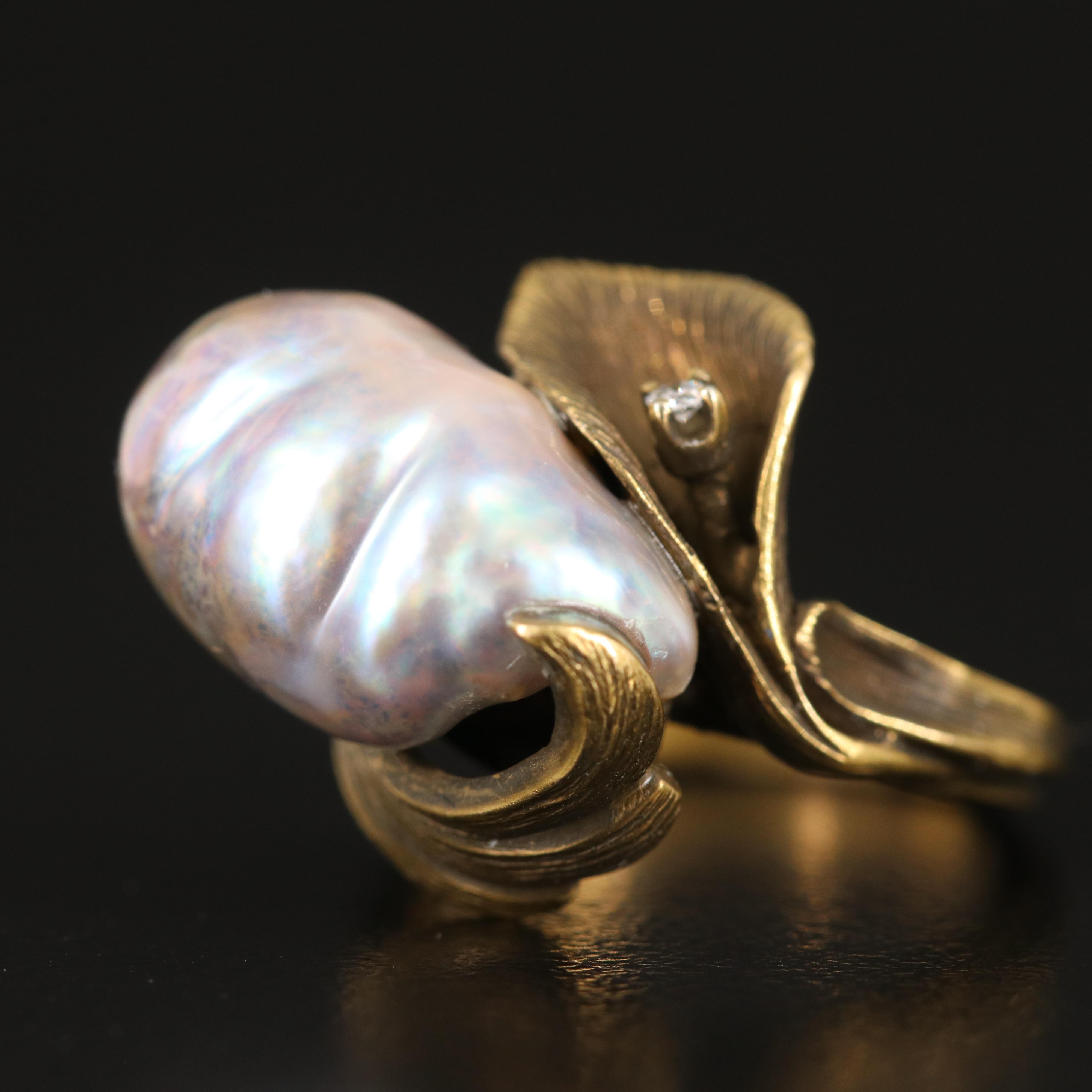 14K Pearl and Diamond Ring with Patinated Finish