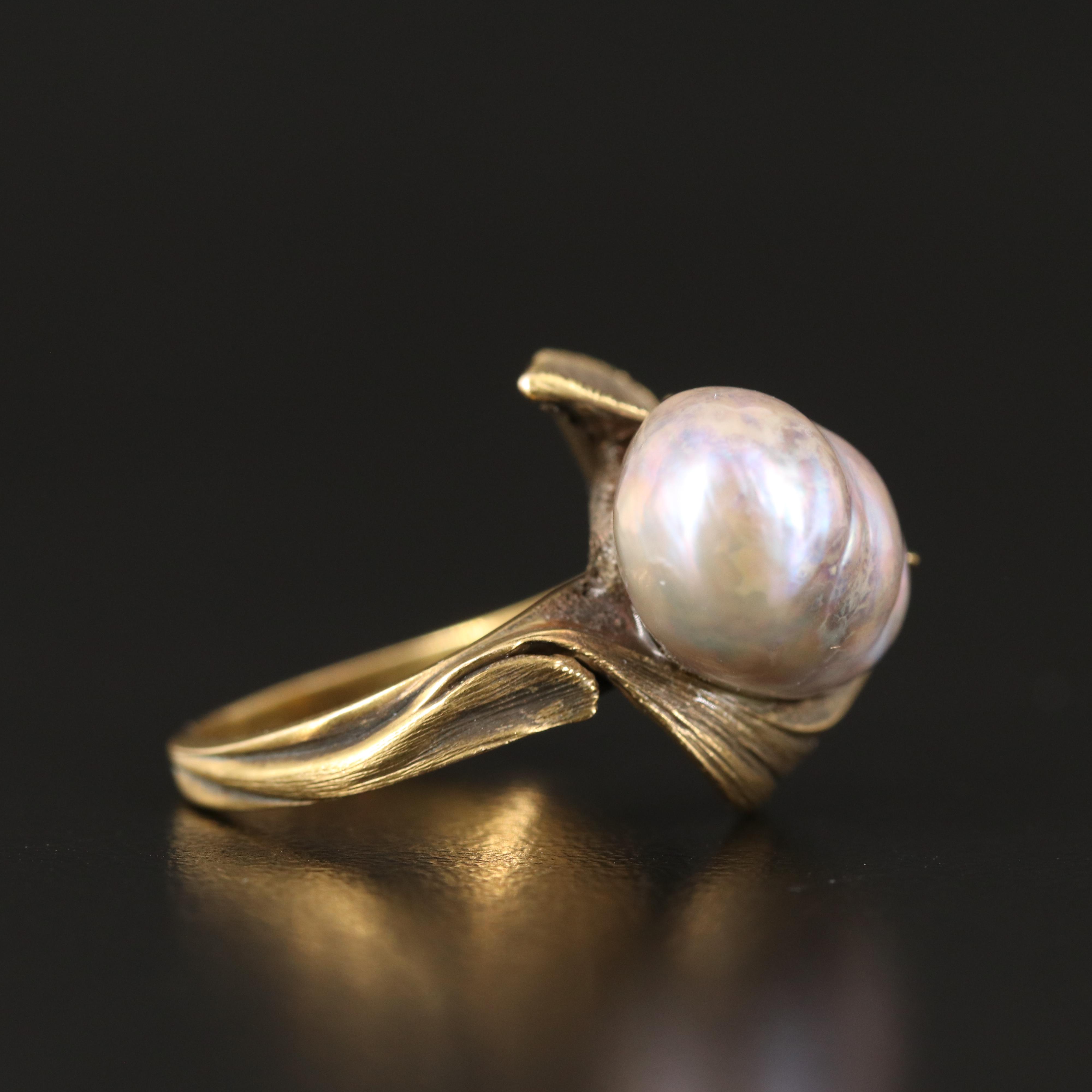 14K Pearl and Diamond Ring with Patinated Finish