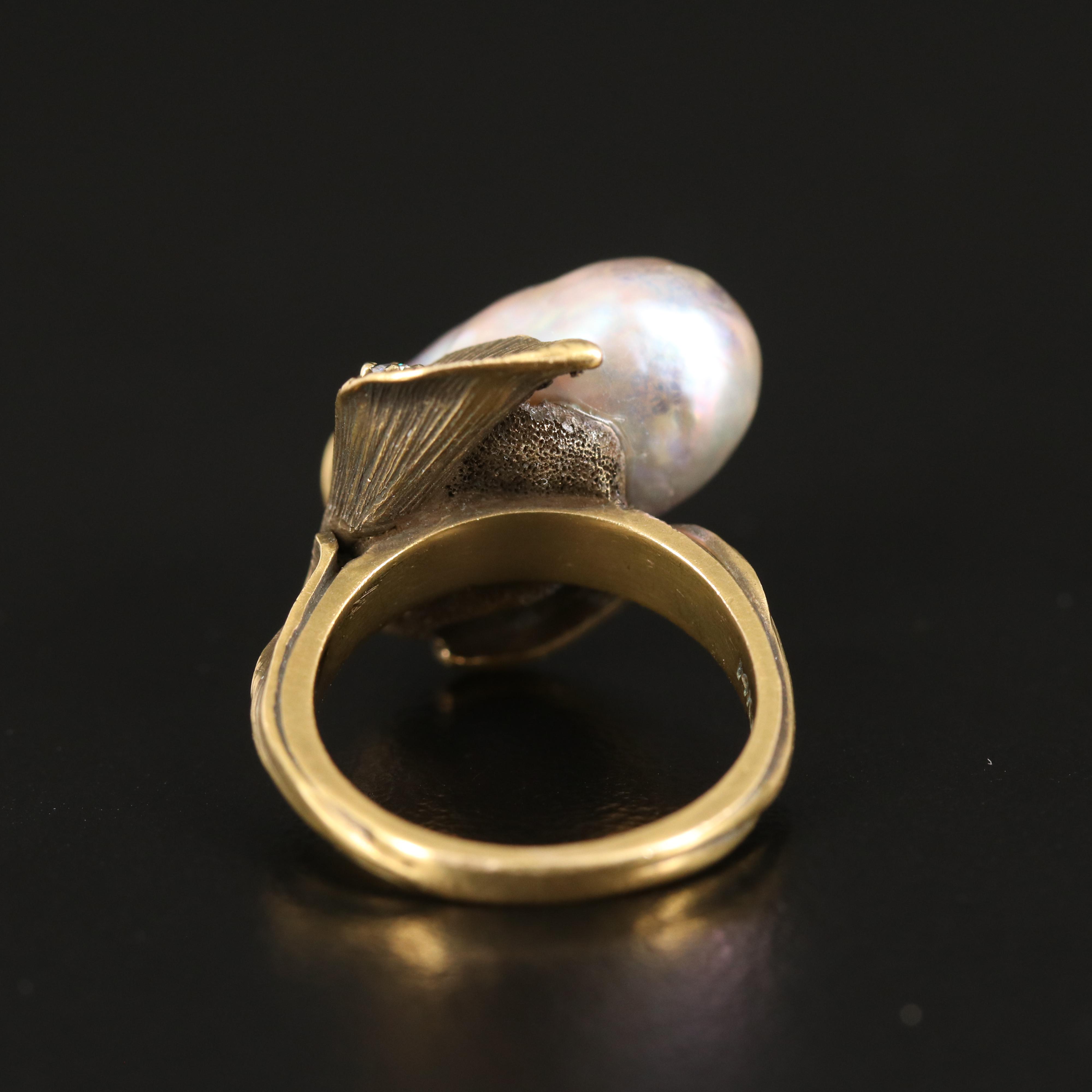 14K Pearl and Diamond Ring with Patinated Finish