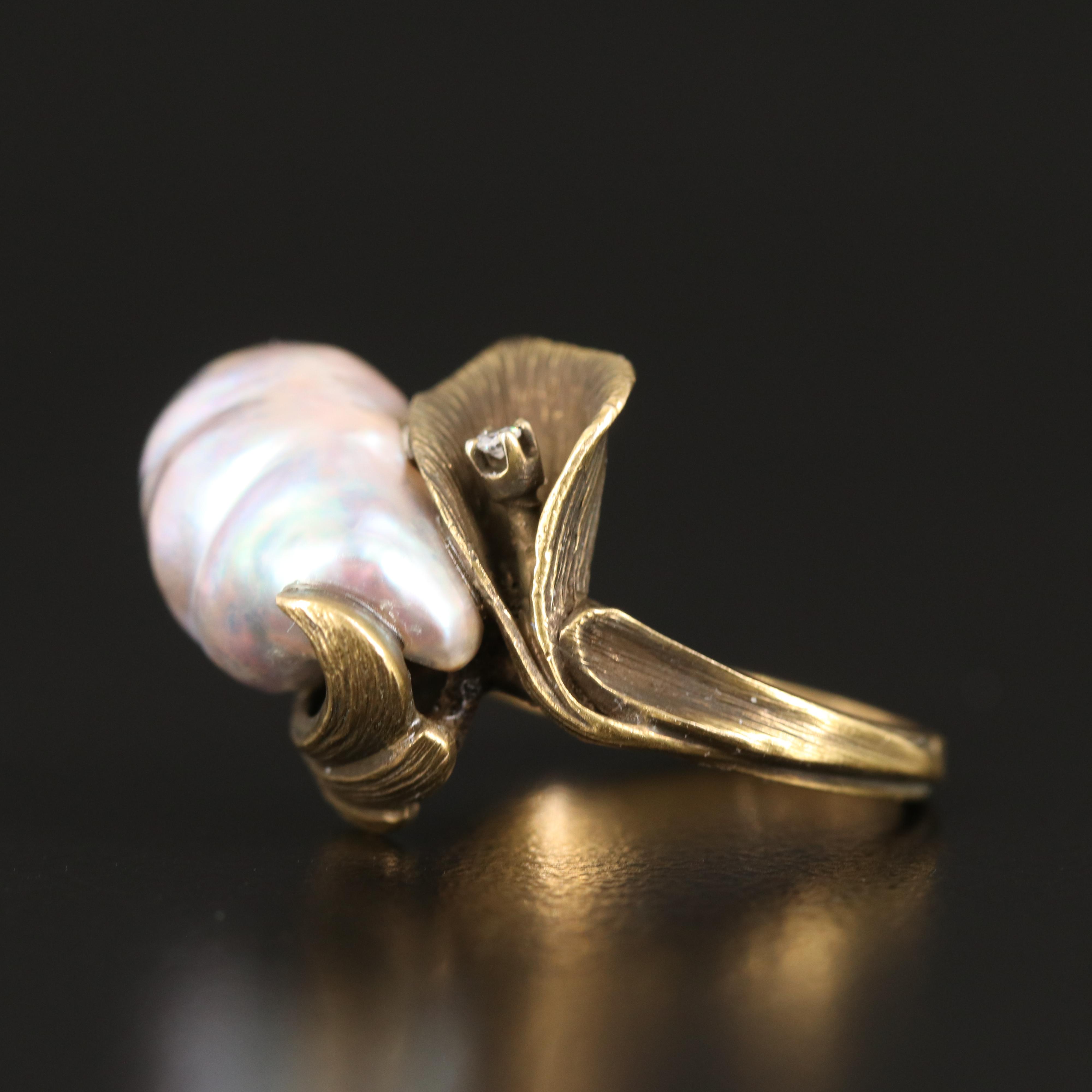 14K Pearl and Diamond Ring with Patinated Finish