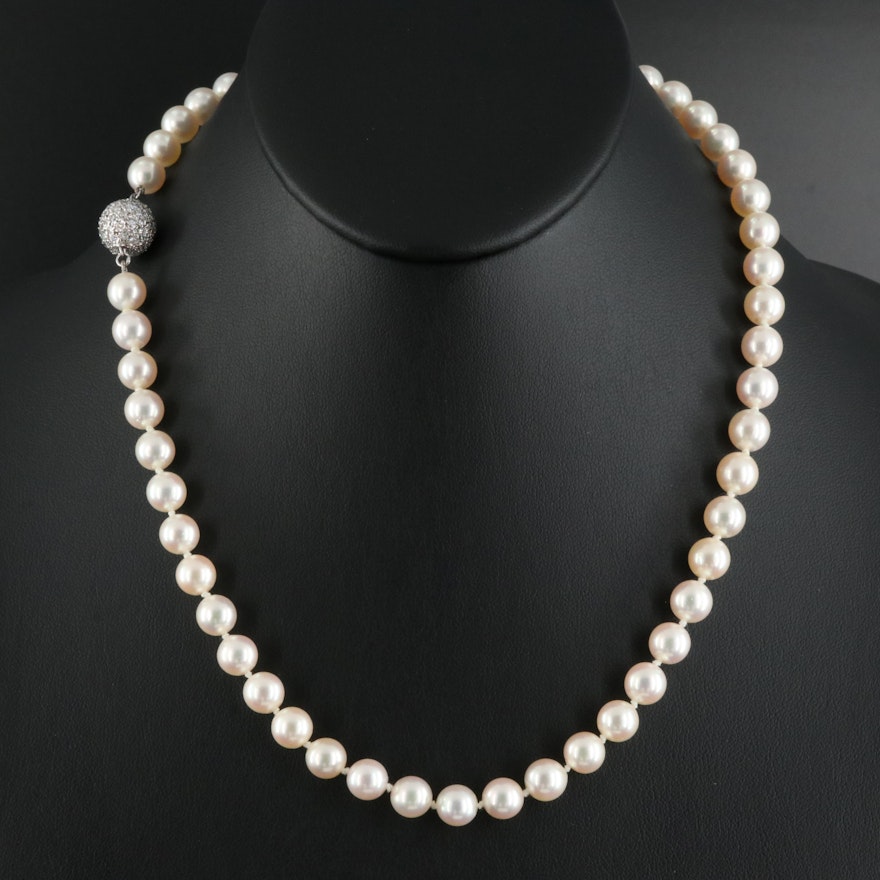 Pearl Necklace with 1.00 CTW Diamond and 14K Clasp
