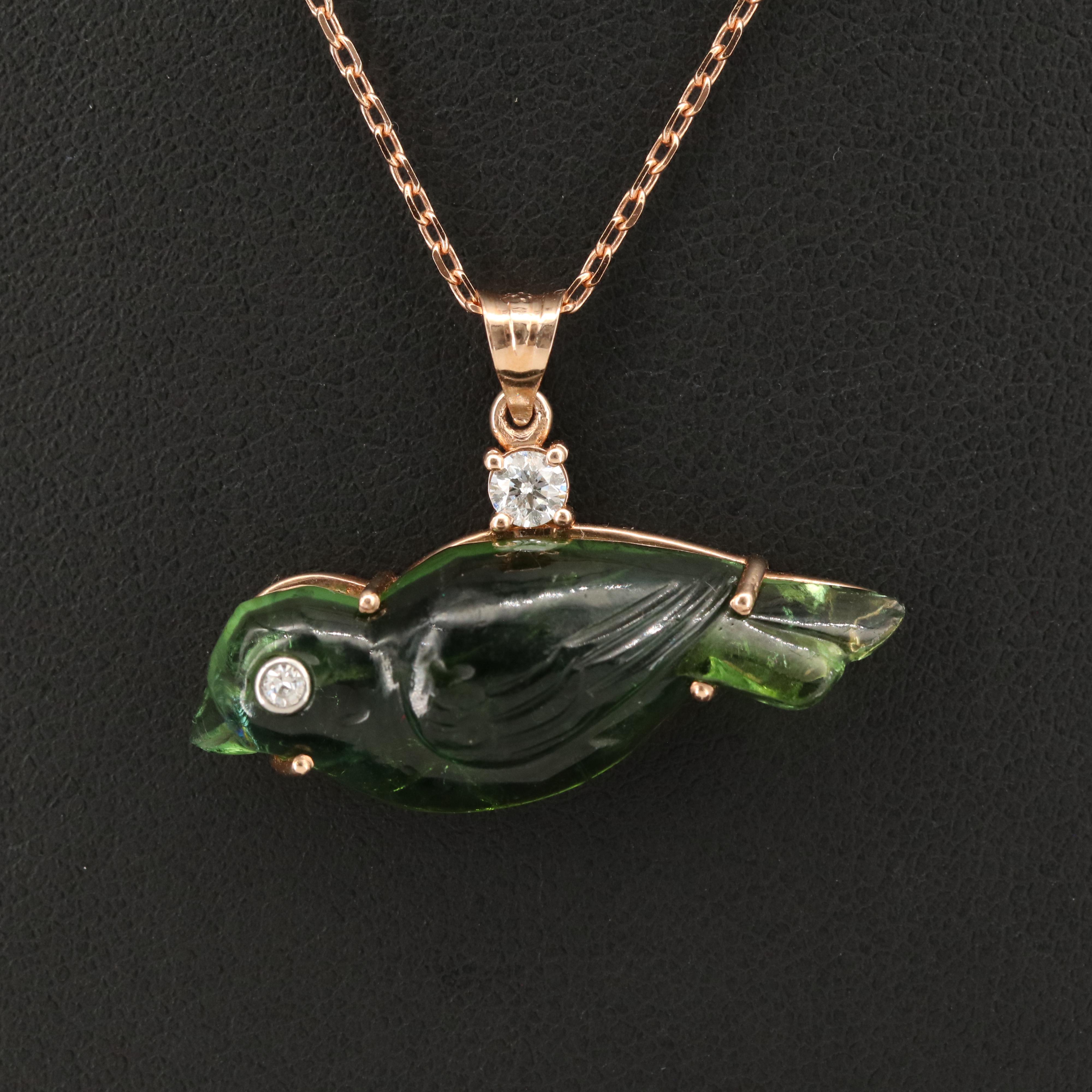 14K Rose Gold Tourmaline and Diamond Carved Bird Pendant Necklace