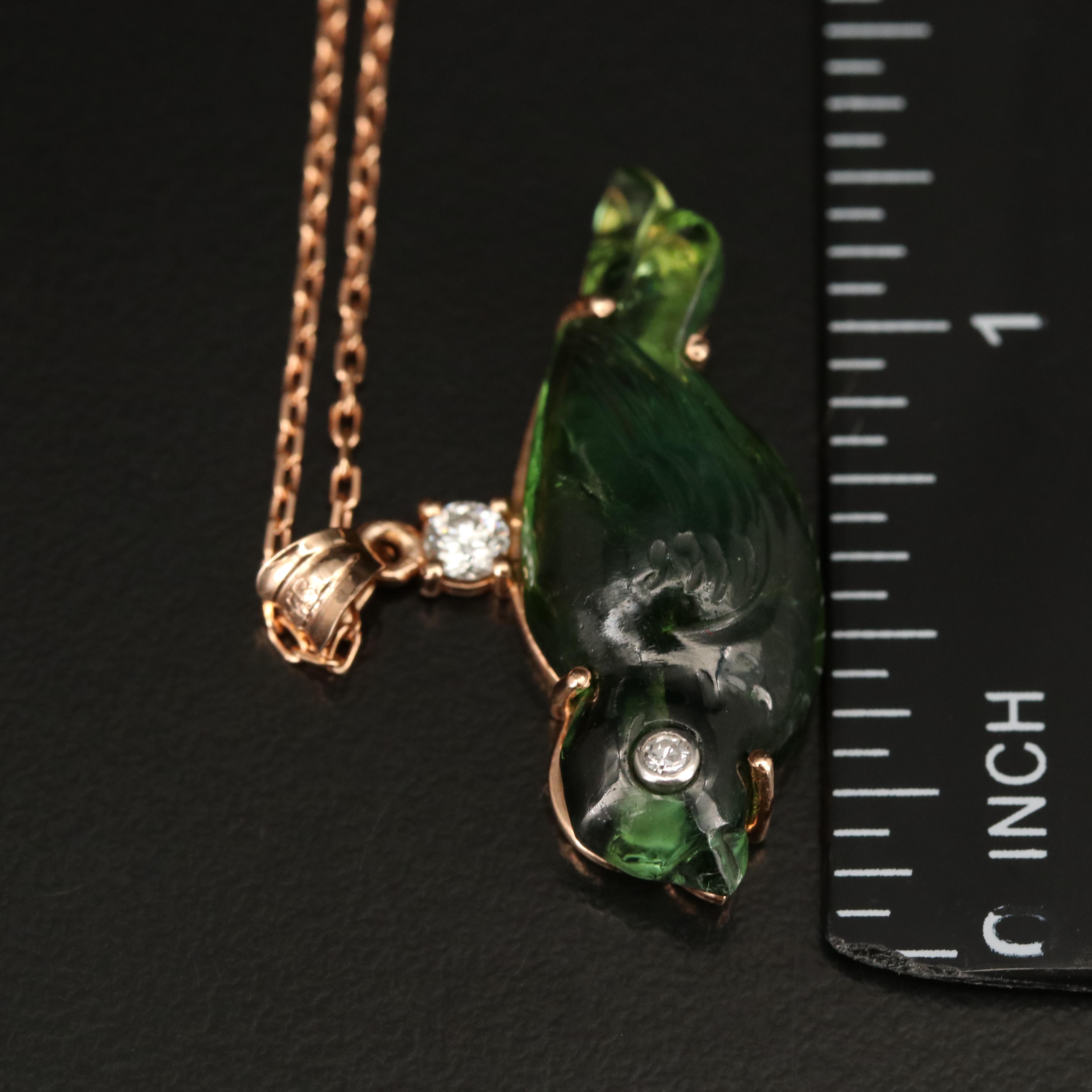 14K Rose Gold Tourmaline and Diamond Carved Bird Pendant Necklace