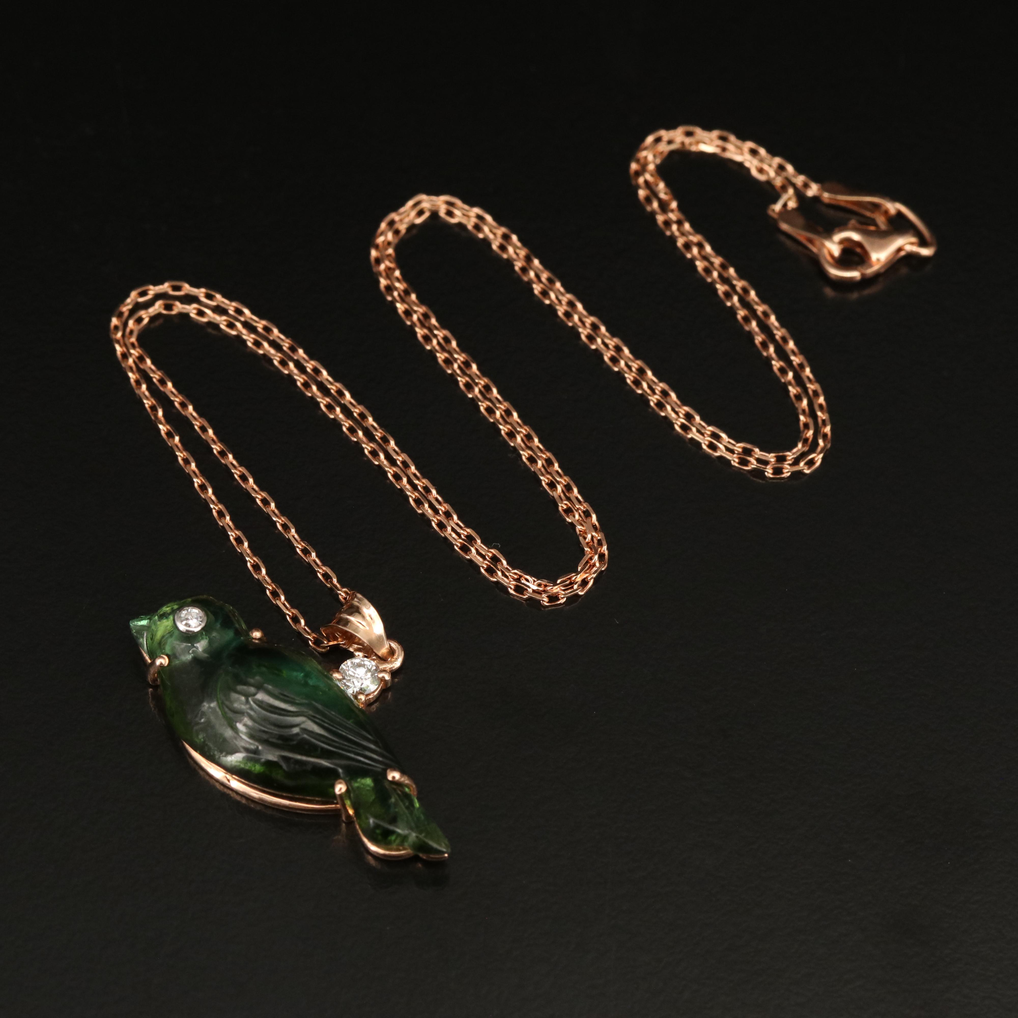 14K Rose Gold Tourmaline and Diamond Carved Bird Pendant Necklace