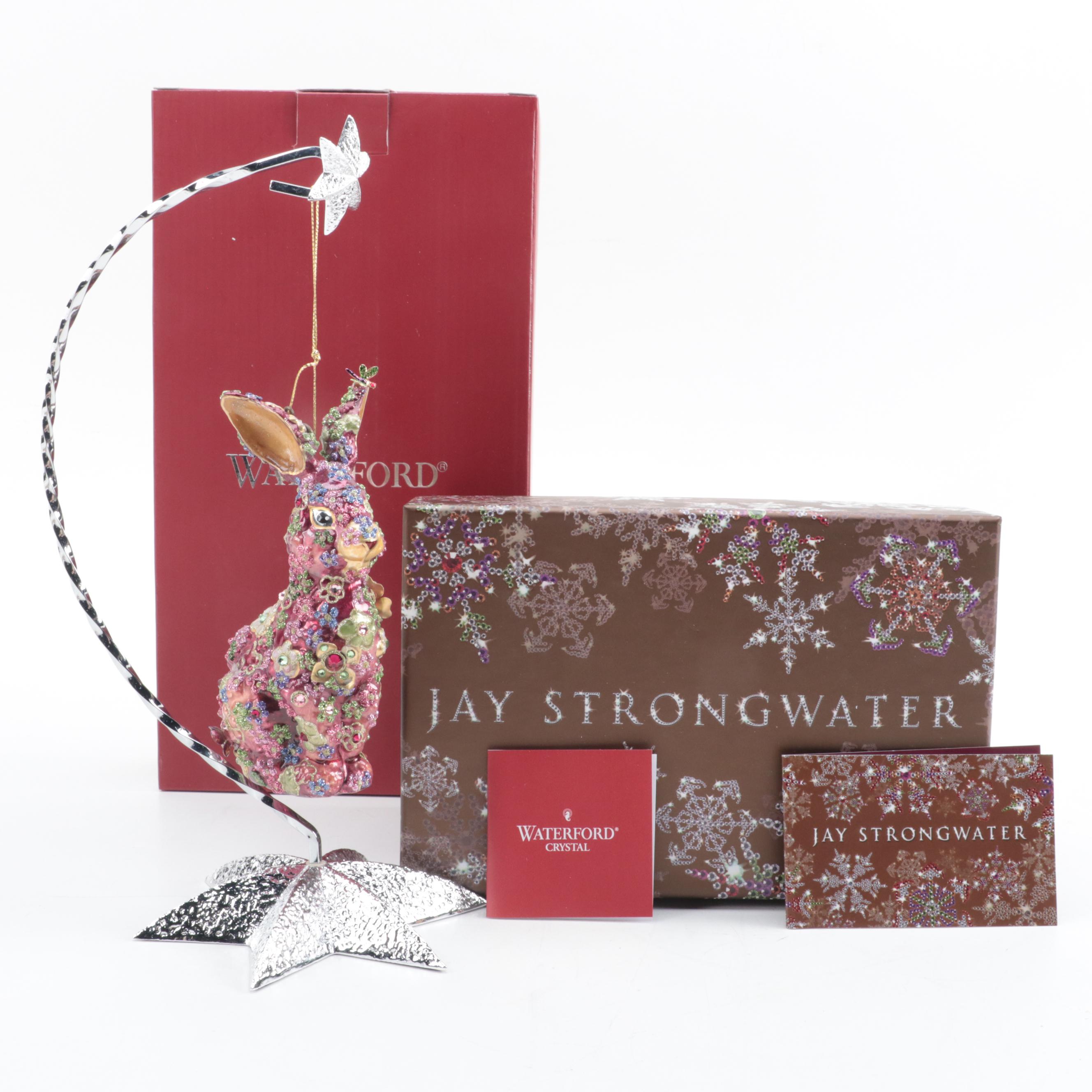 Jay Strongwater Enameled Rabbit Ornament with Waterford Metal Ornament Stand