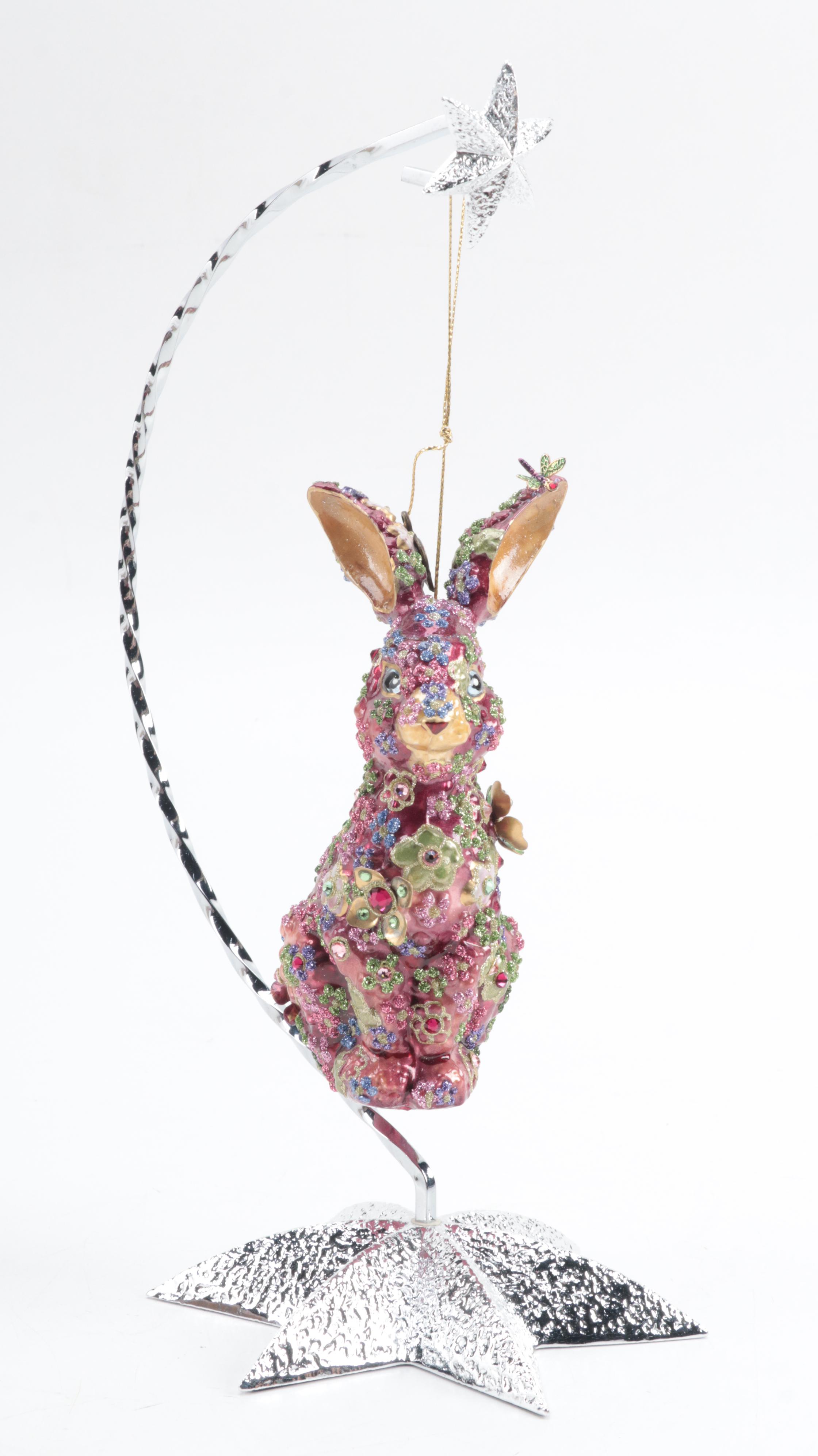Jay Strongwater Enameled Rabbit Ornament with Waterford Metal Ornament Stand