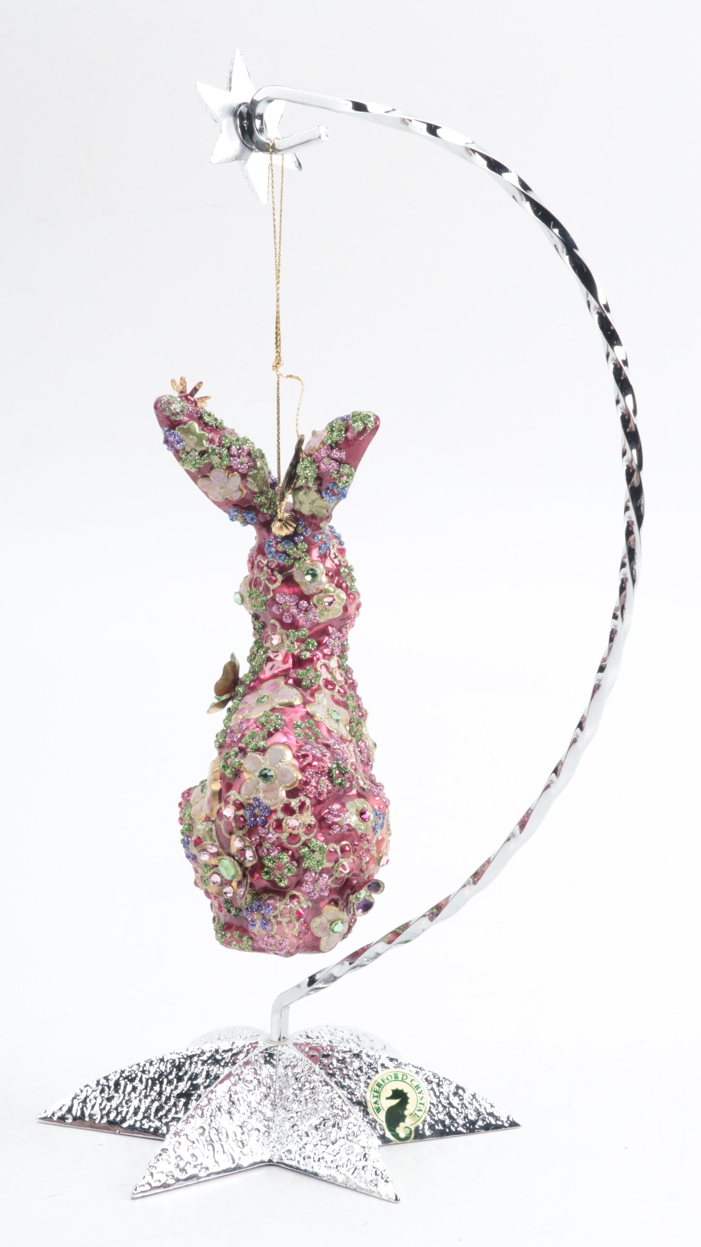 Jay Strongwater Enameled Rabbit Ornament with Waterford Metal Ornament Stand