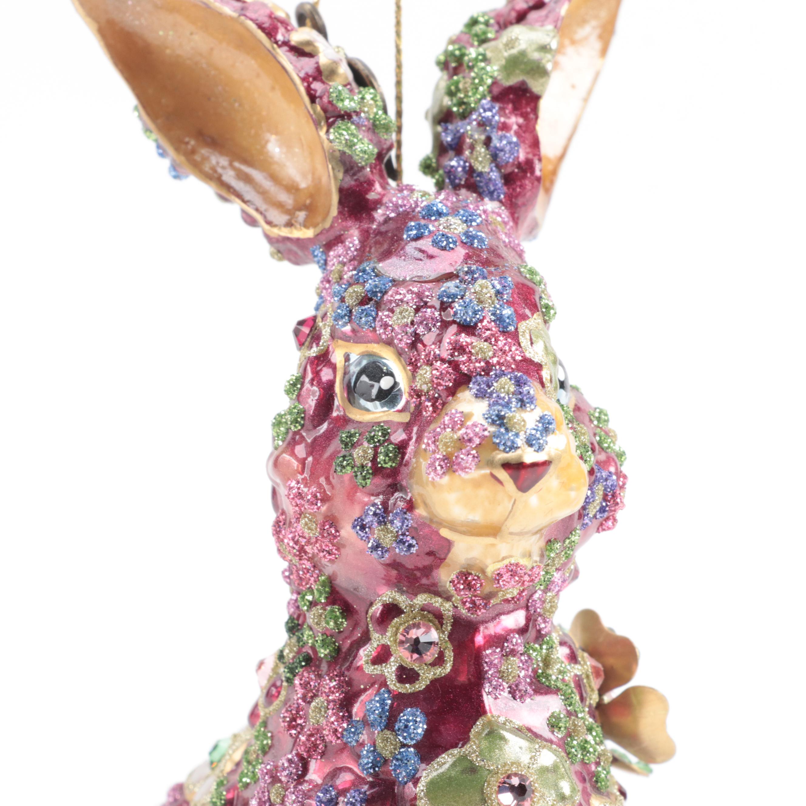 Jay Strongwater Enameled Rabbit Ornament with Waterford Metal Ornament Stand