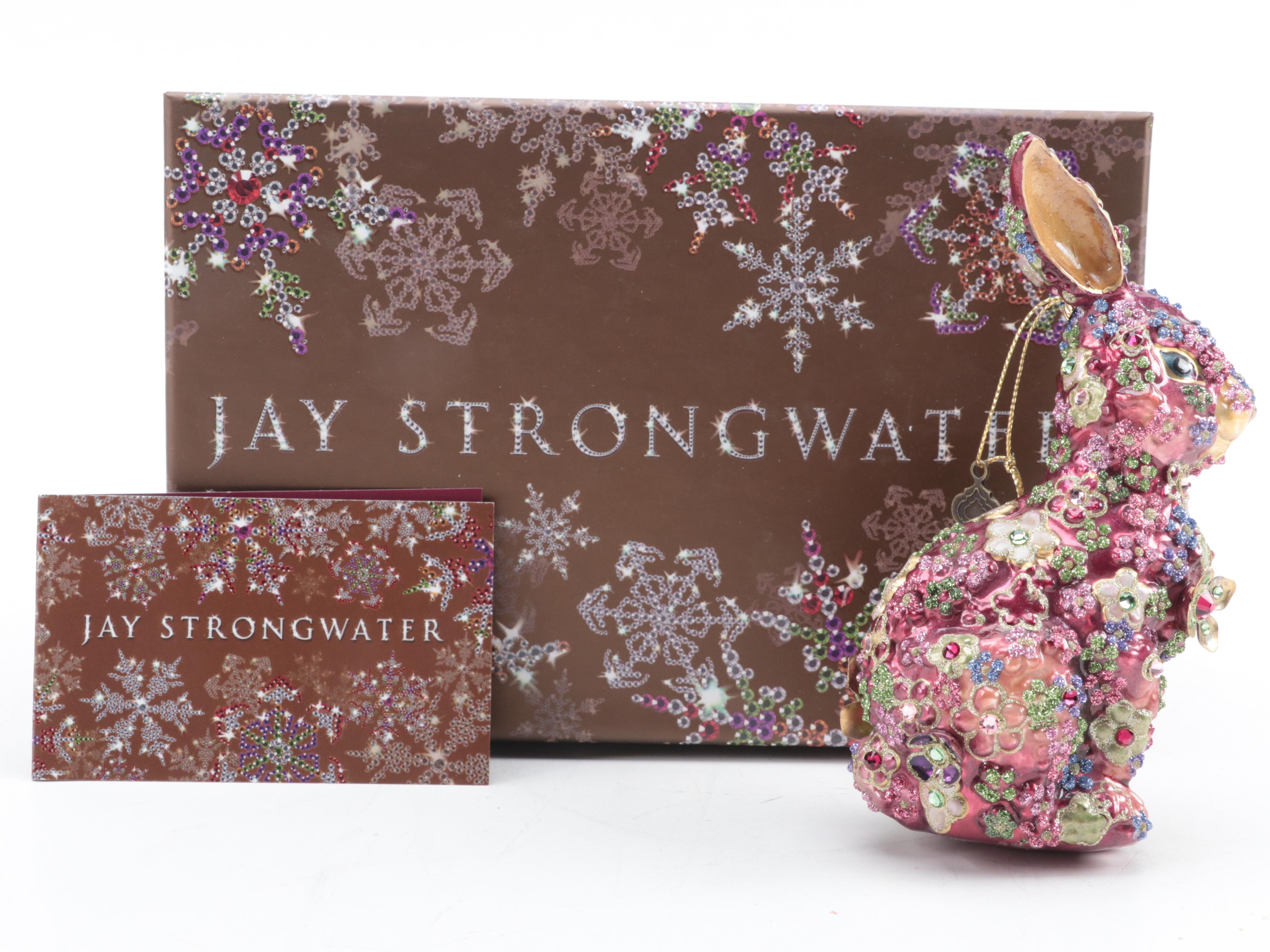 Jay Strongwater Enameled Rabbit Ornament with Waterford Metal Ornament Stand