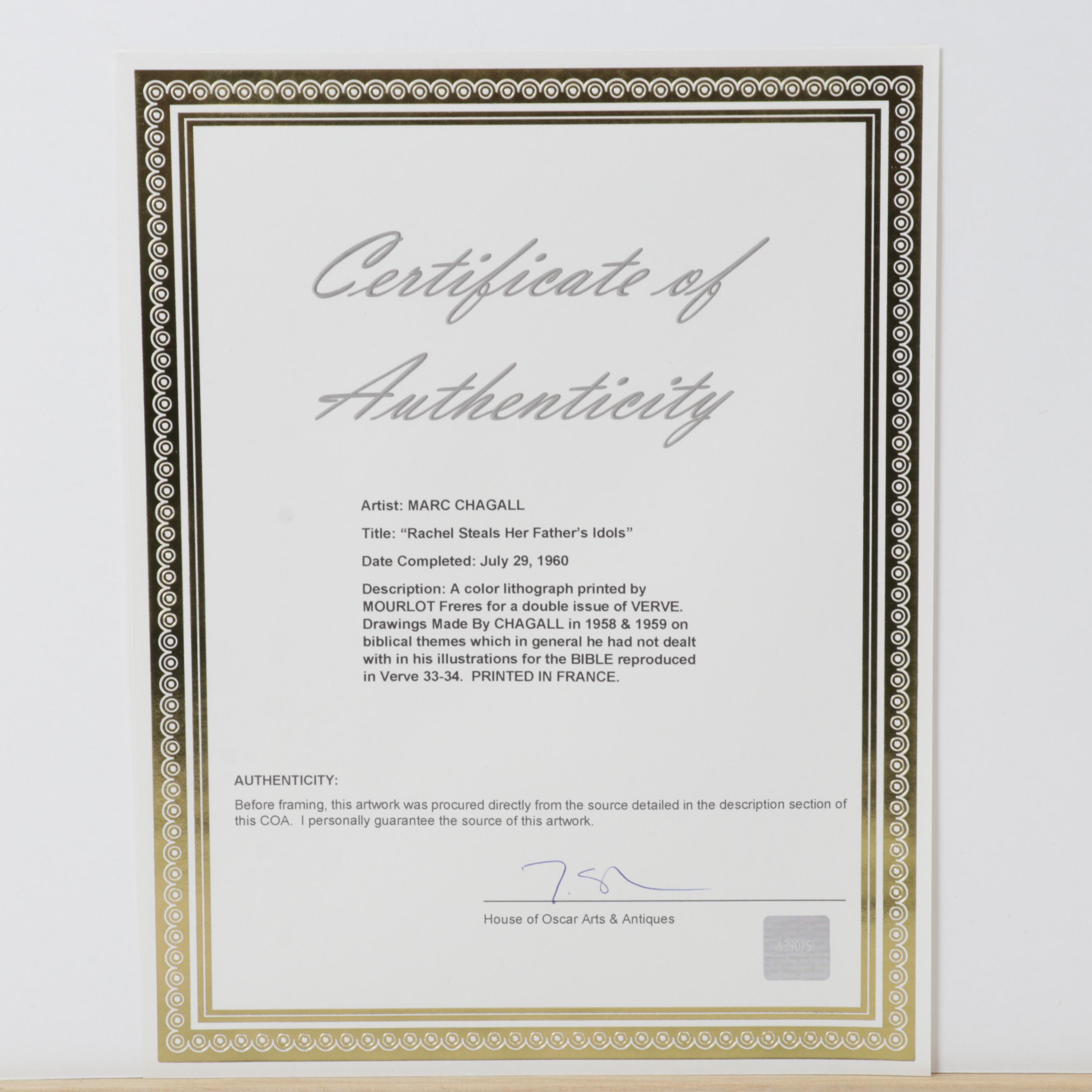 Marc Chagall Color Lithograph "Rachel dérobe les idoles de son père," 1960