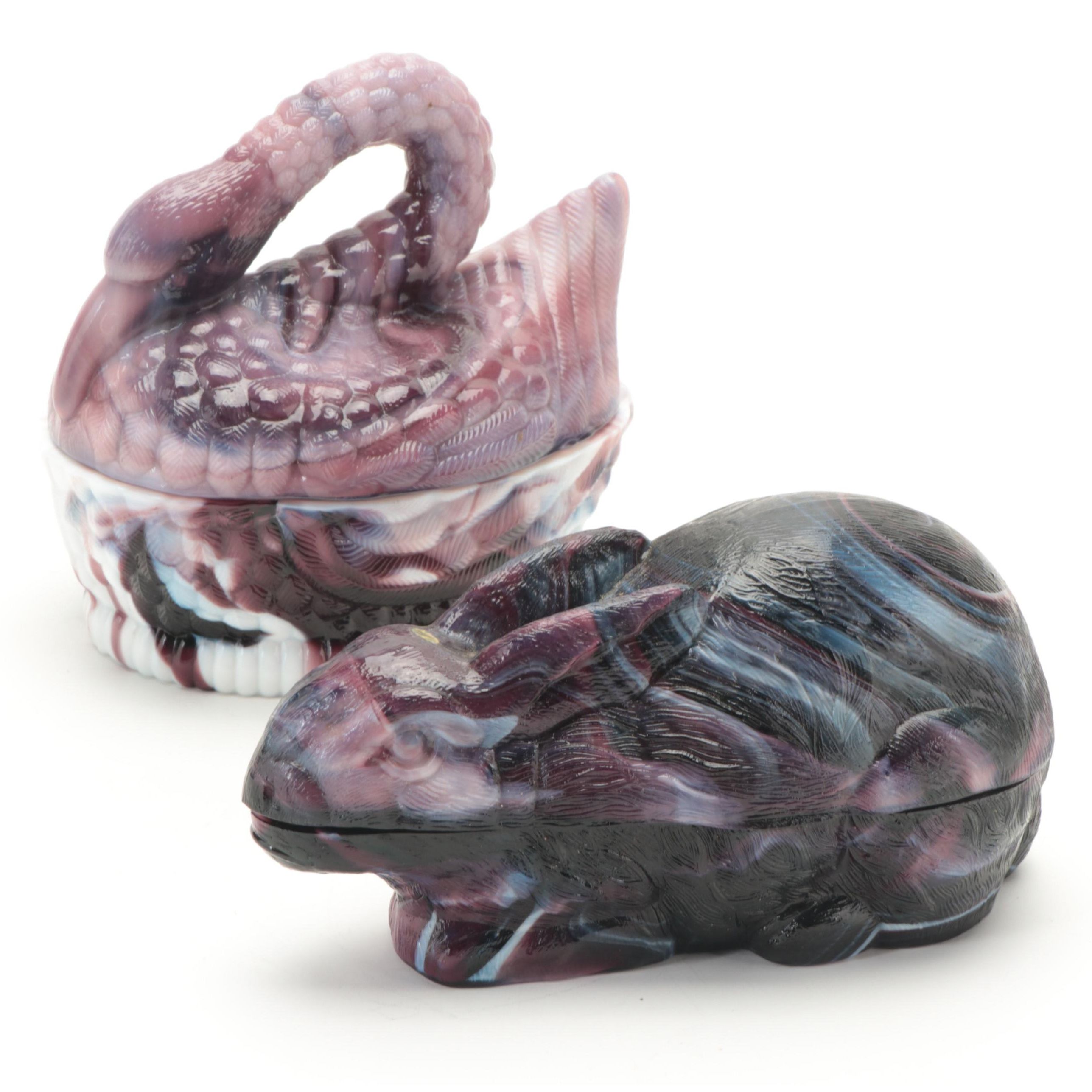 Swan on Nest and Rabbit Shaped Purple Slag Glass Candy Dishes