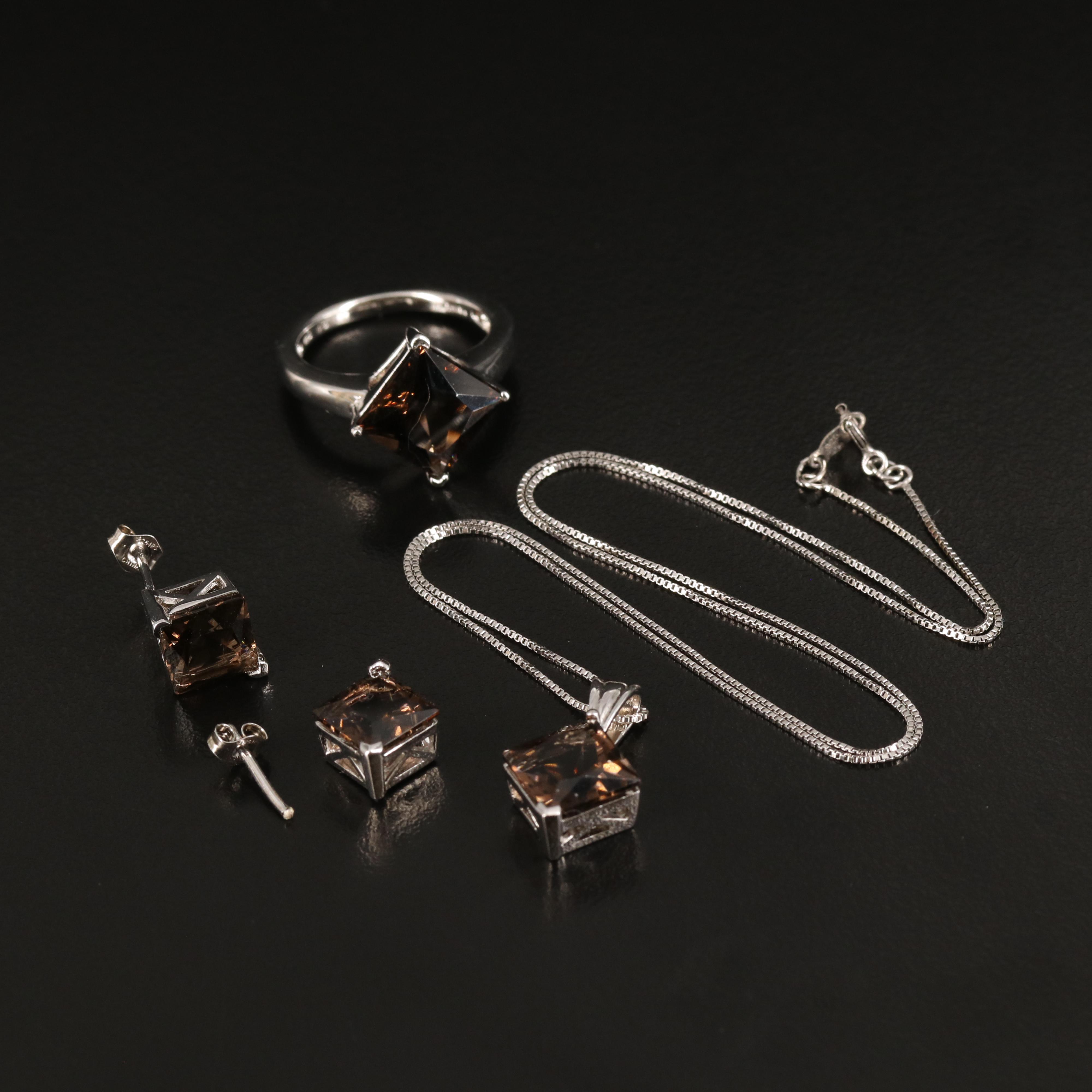 Smoky Quartz Necklace, Ring and Earrings in Sterling