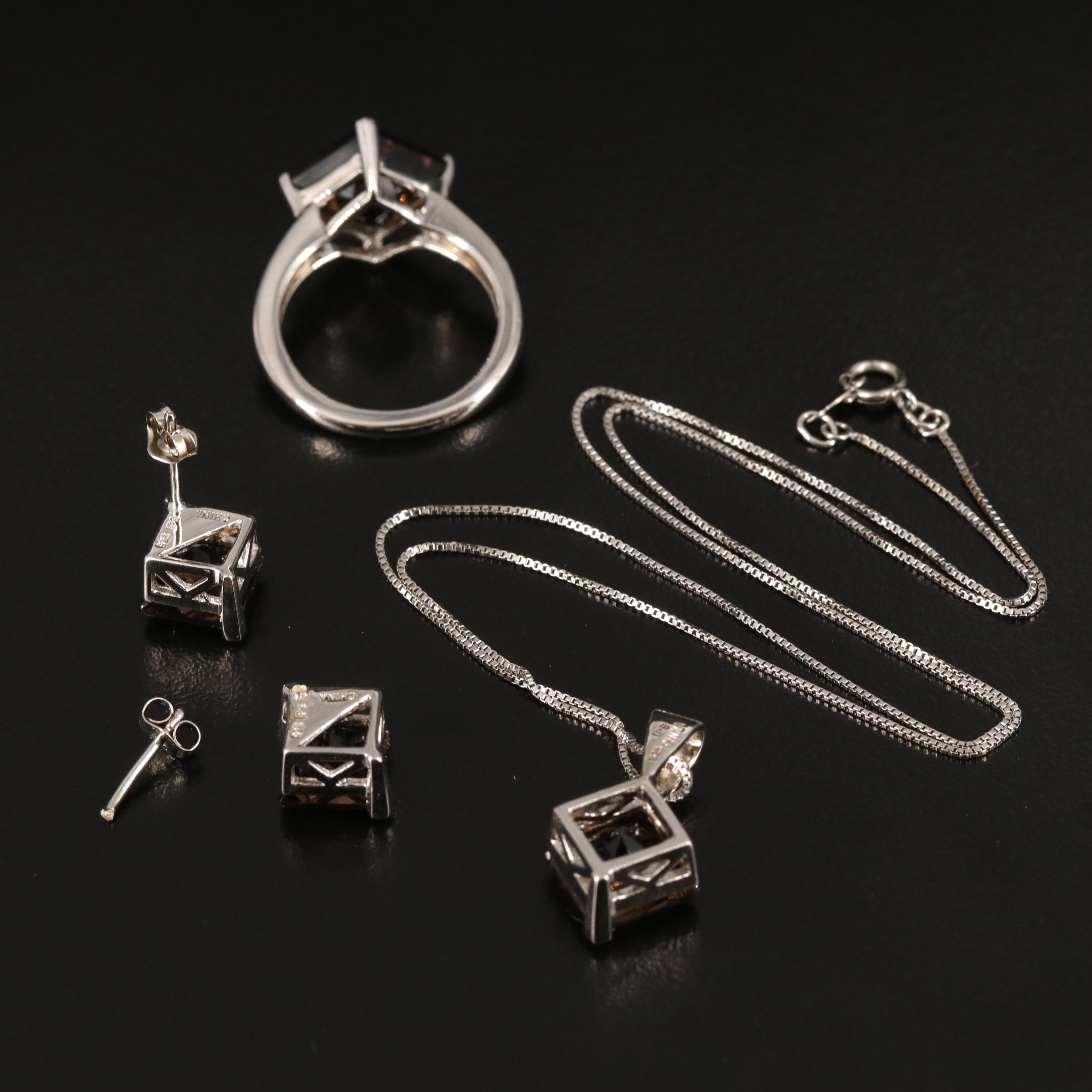 Smoky Quartz Necklace, Ring and Earrings in Sterling
