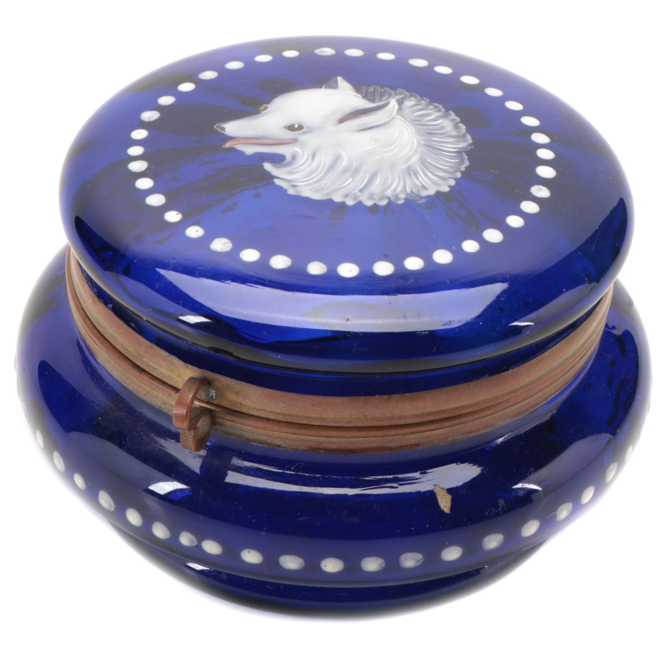 Blue Glass Hand Painted and Metal Mounted Jar