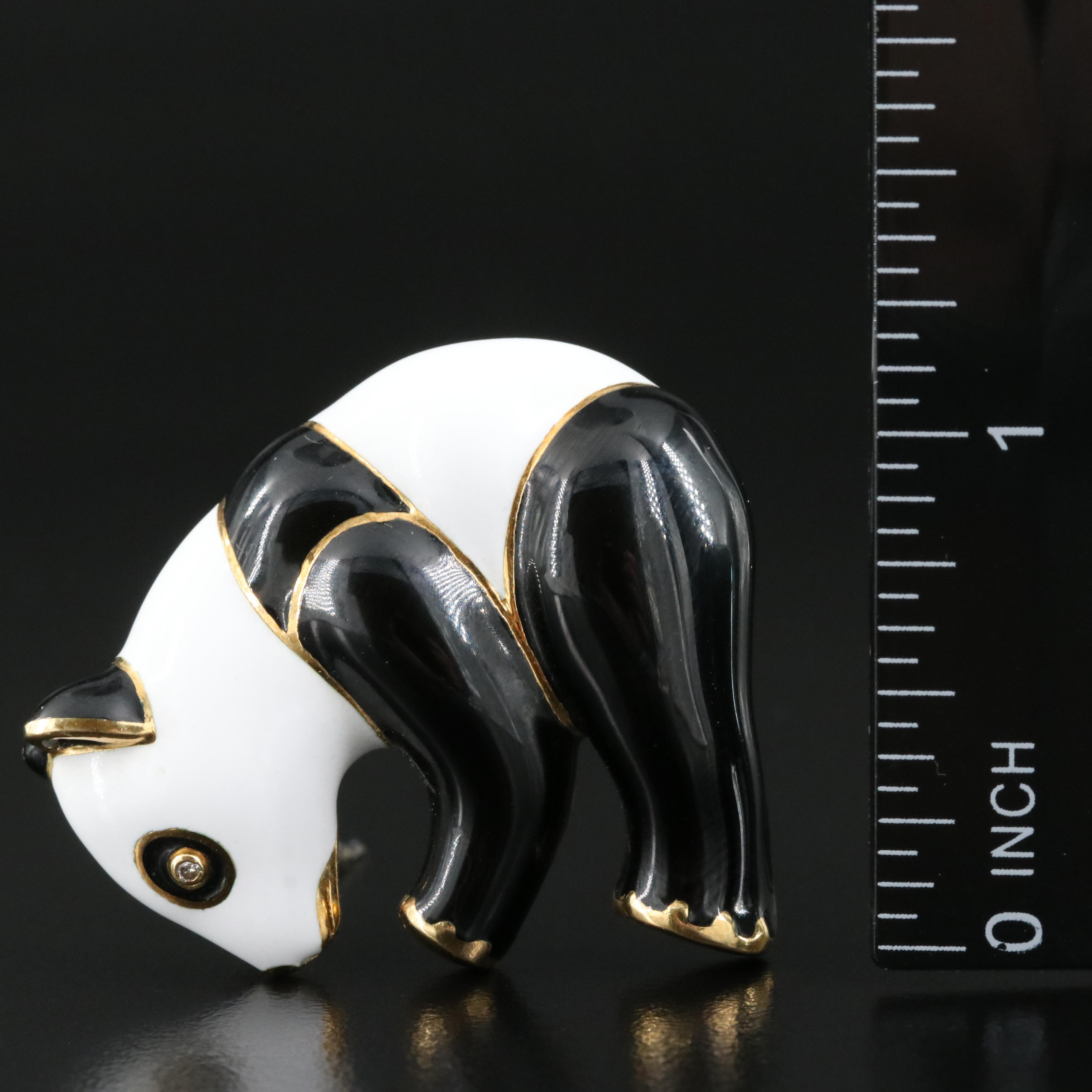 Andrew Clunn 18K Enamel and Diamond Panda Double Clip Brooch