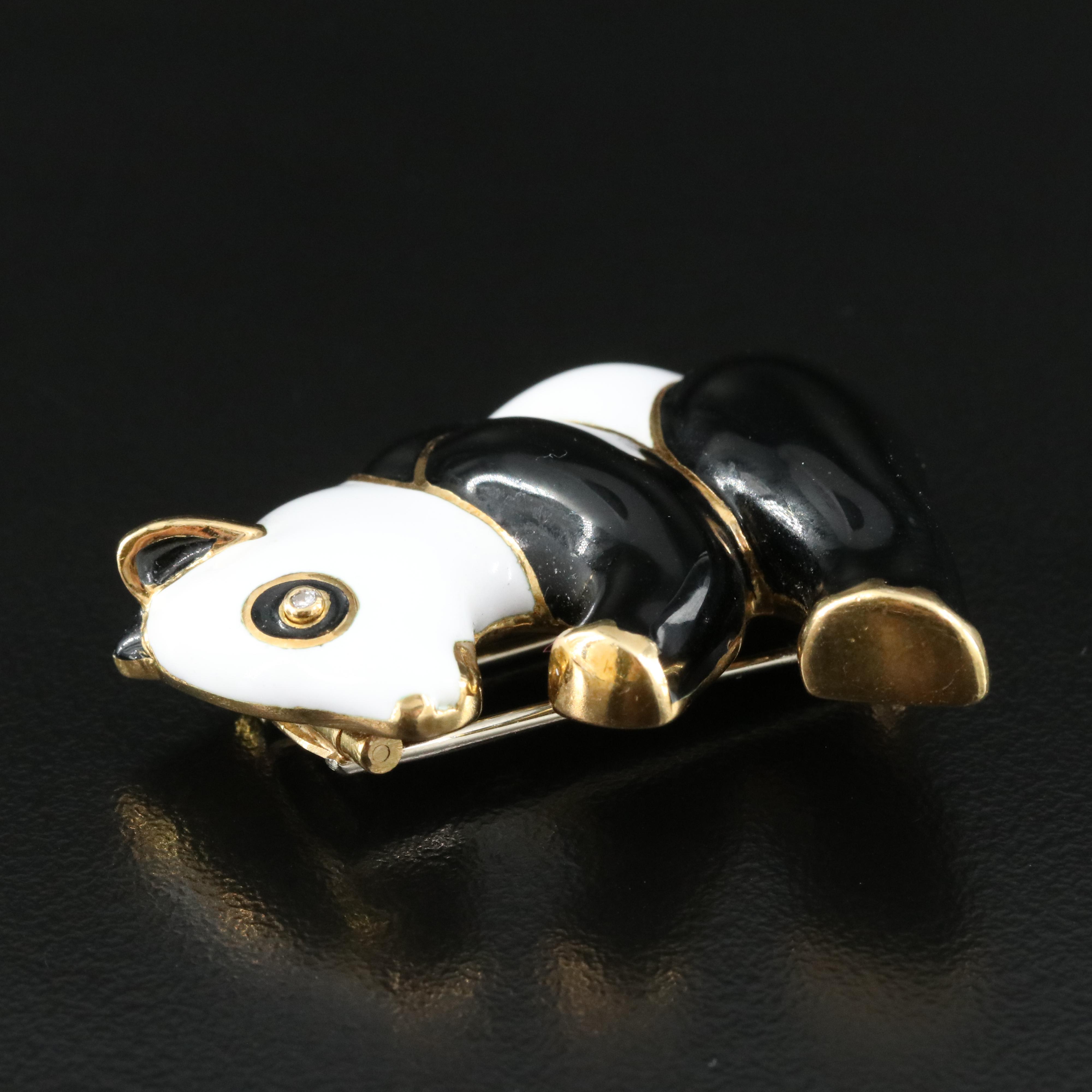 Andrew Clunn 18K Enamel and Diamond Panda Double Clip Brooch