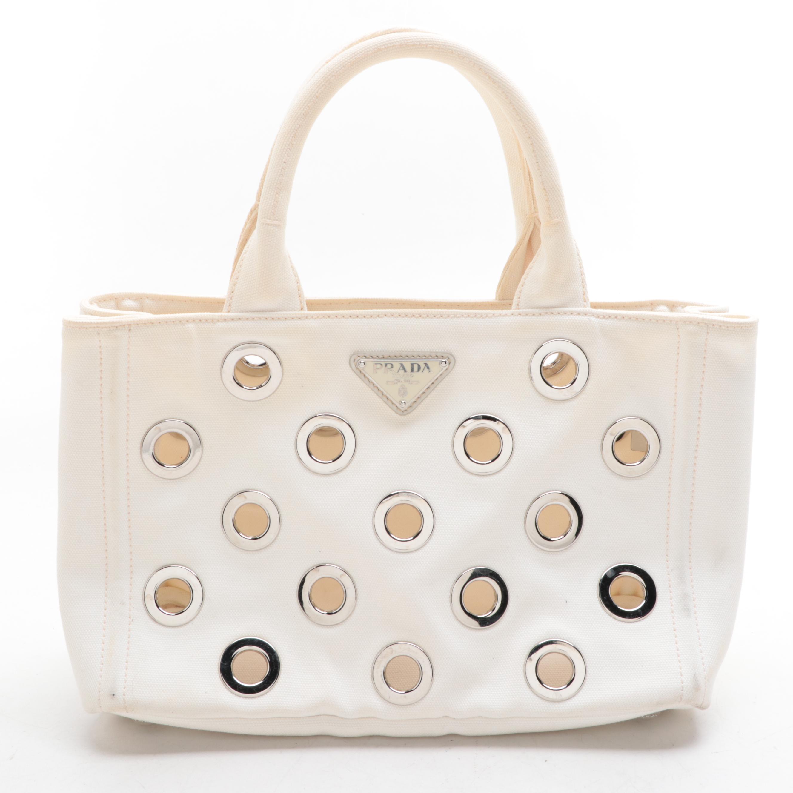 Prada Grommet Embellished Canvas Tote