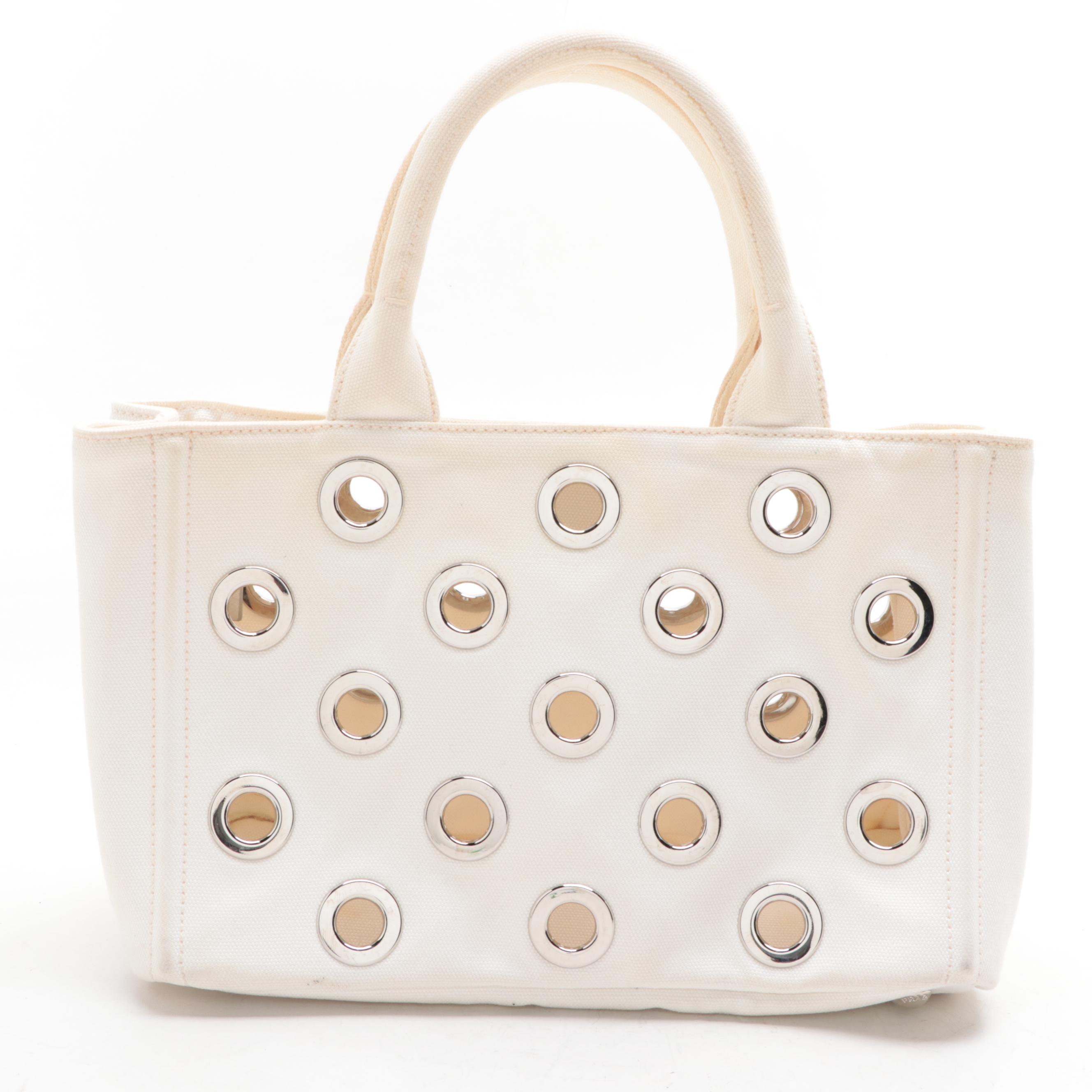 Prada Grommet Embellished Canvas Tote