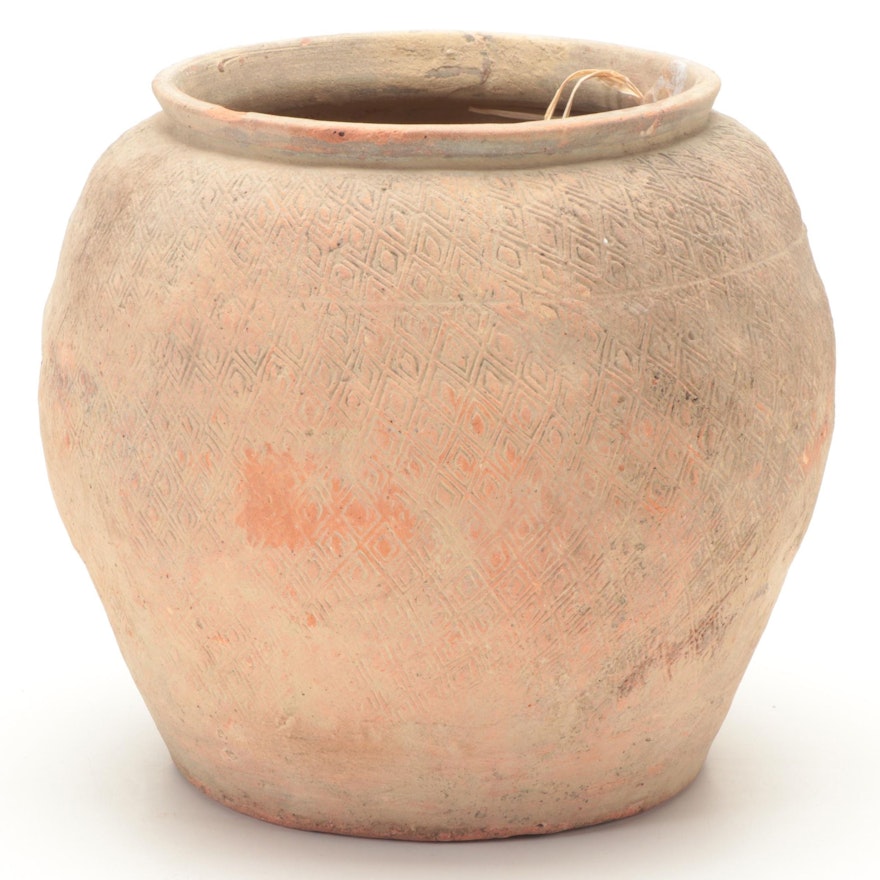 Excavated North Vietnamese Incised Diamond Motif Earthenware Jar, Probably Han