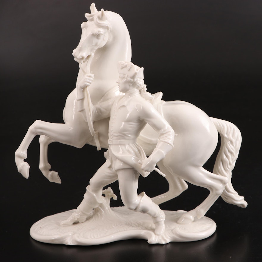 Nymphenburg Porcelain Figurine of Soldier with Horse, 20th Century